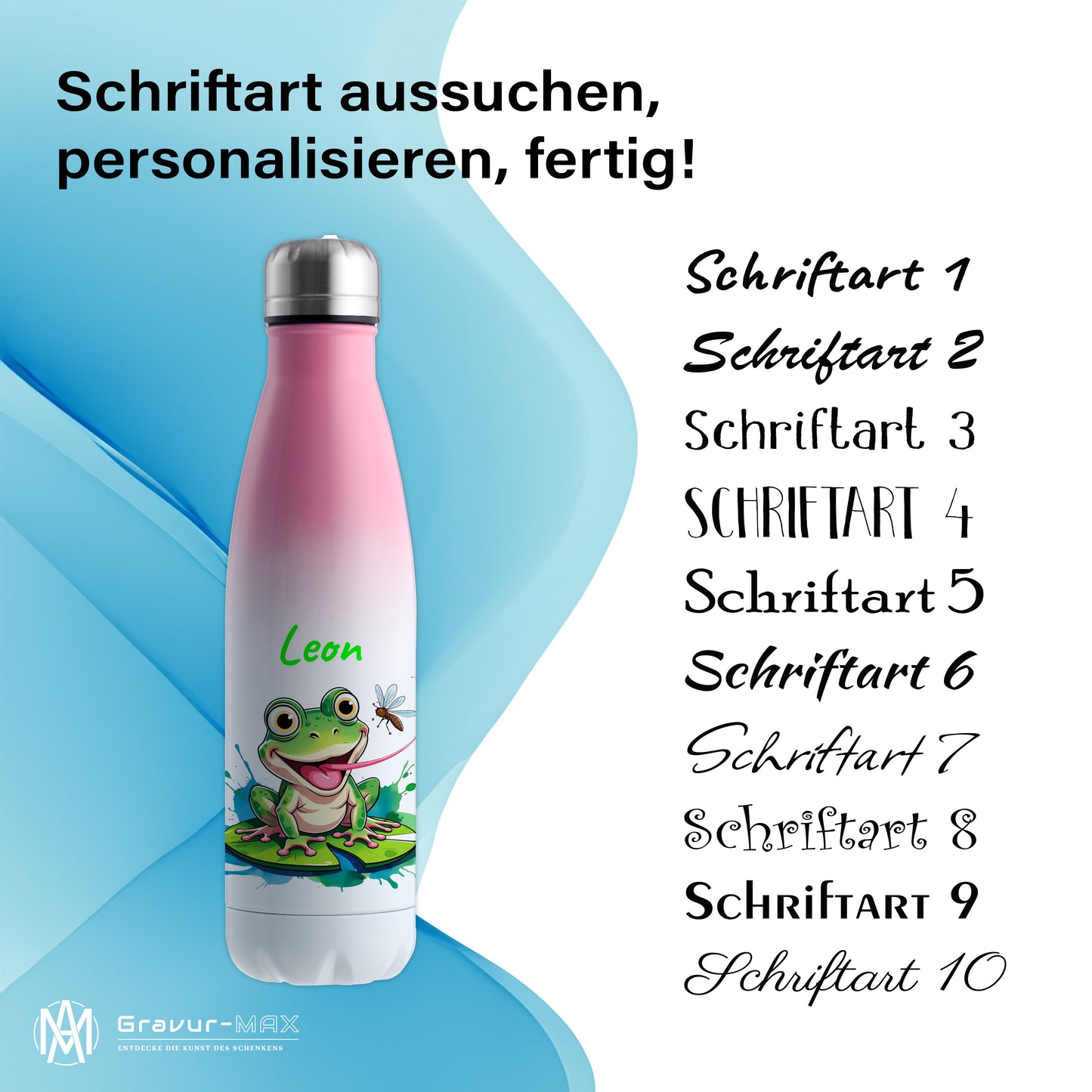 Trinkflasche in Weiß/Pink 500ml aus Edelstahl bedruckt mit niedlichen Tieren "Frosch" personalisierbar für Kinder mit Wunschname