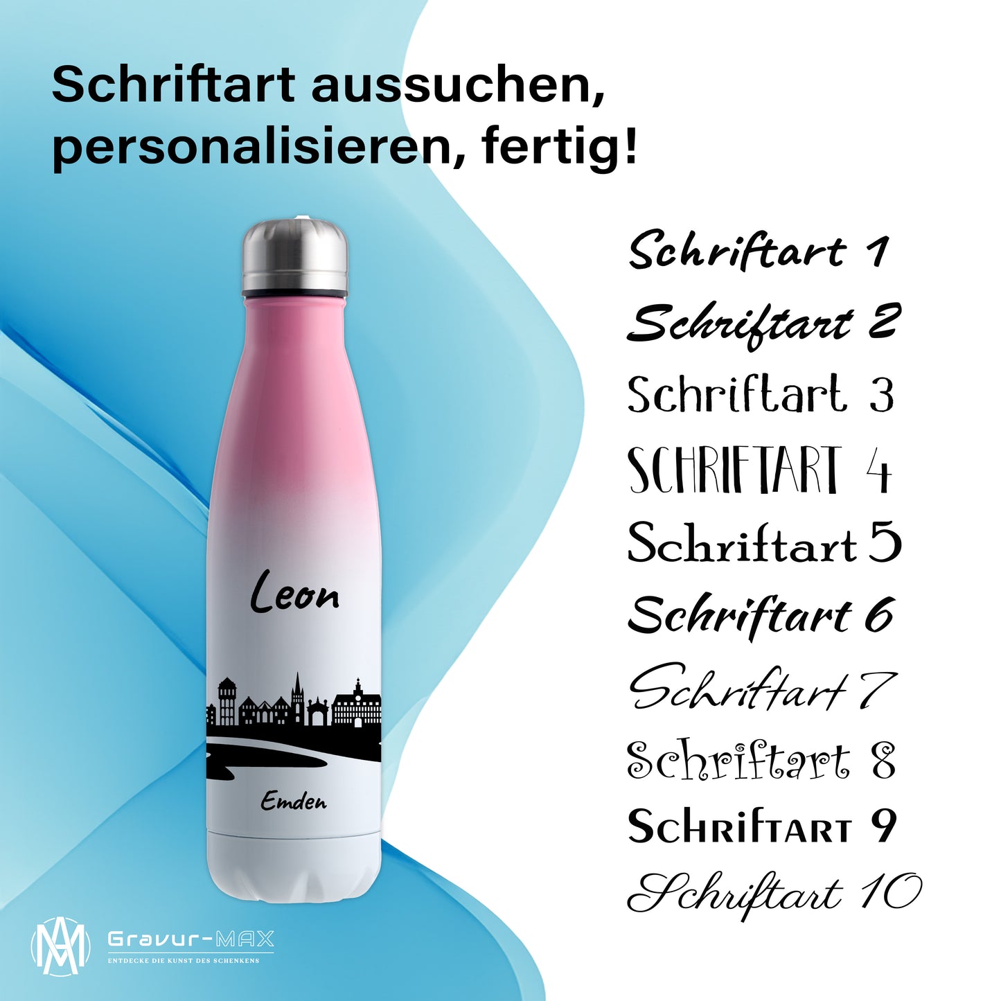 Trinkflasche in Weiß/Pink 500ml aus Edelstahl bedruckt mit der Skyline von Emden personalisierbar mit Wunschname