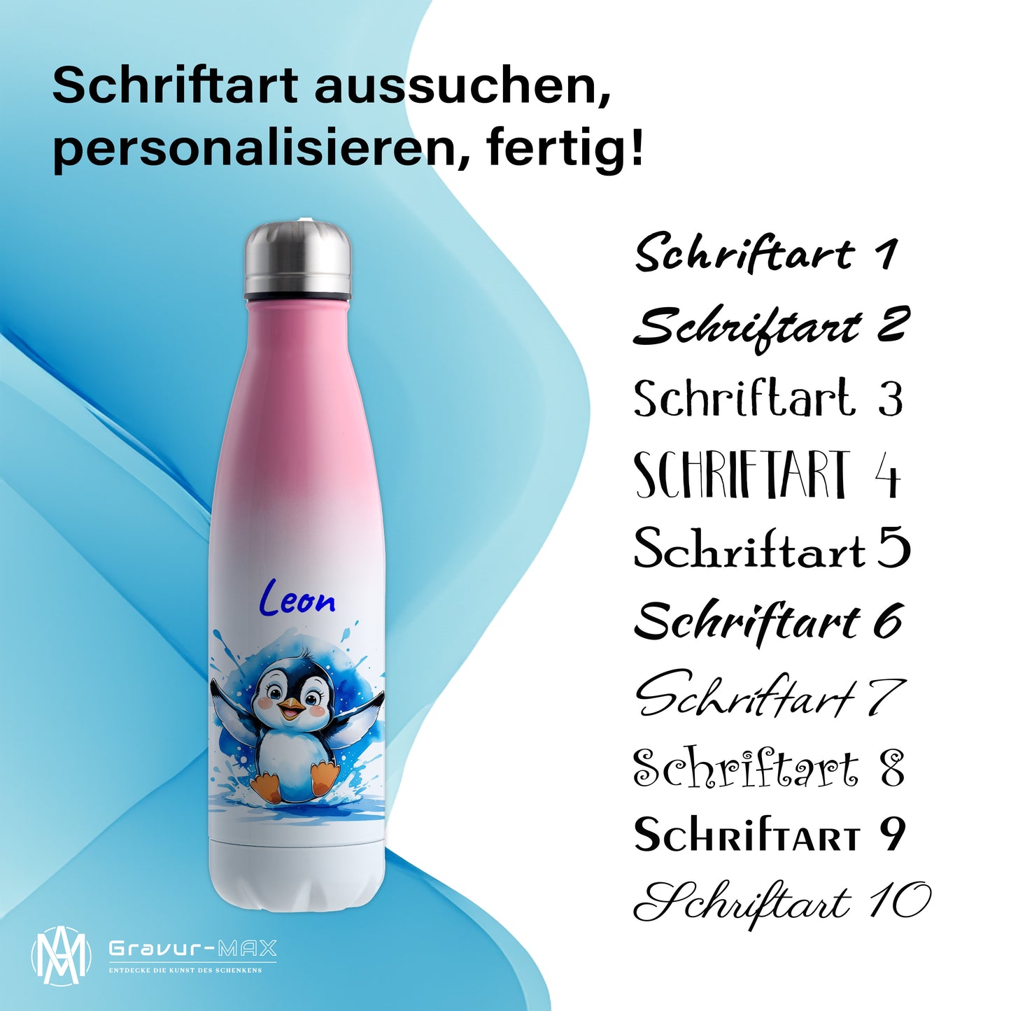 Trinkflasche in Weiß/Pink 500ml aus Edelstahl bedruckt mit niedlichen Tieren "Pinguin" personalisierbar für Kinder mit Wunschname