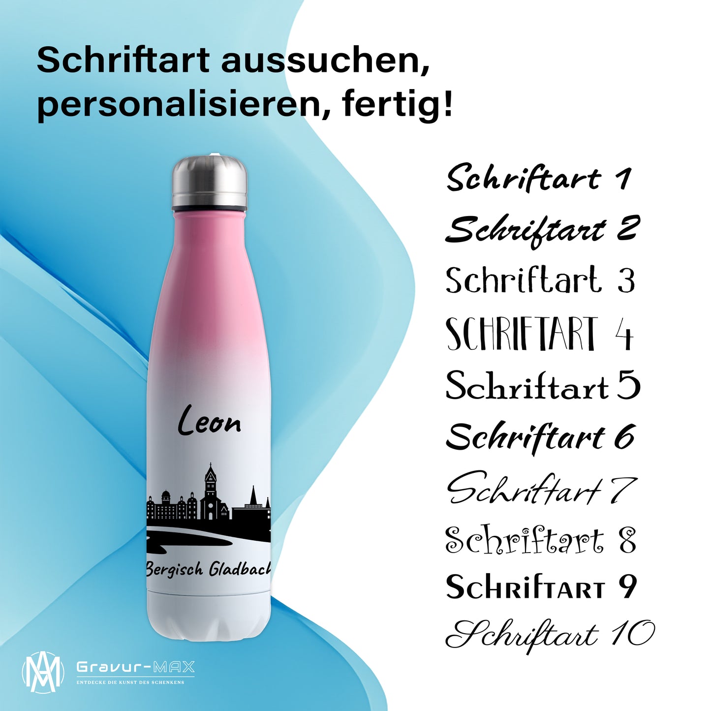 Trinkflasche in Weiß/Pink 500ml aus Edelstahl bedruckt mit der Skyline von Bergisch Gladbach personalisierbar mit Wunschname