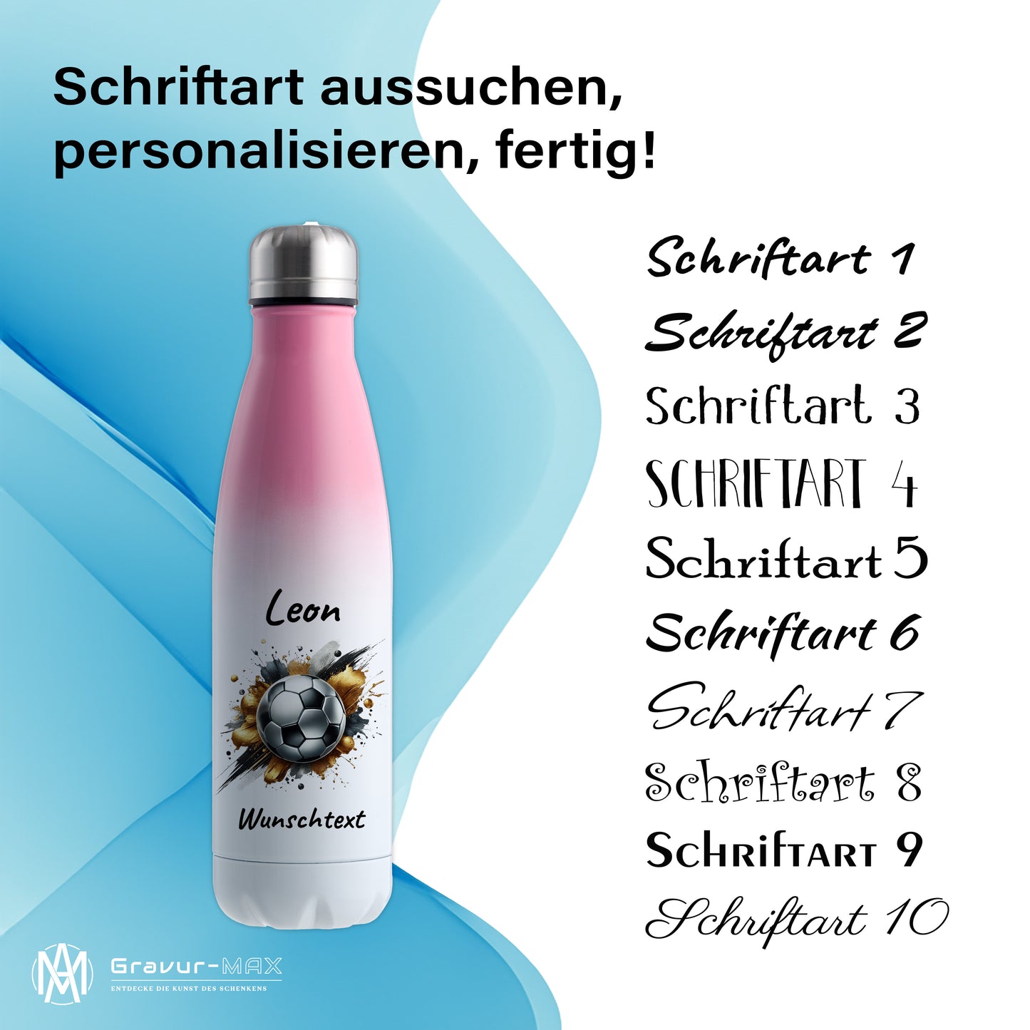 Thermoflasche 500ml in Weiß/Pink aus Edelstahl bedruckt "Fußball" Motiv13 personalisierbar mit Wunschname & Text