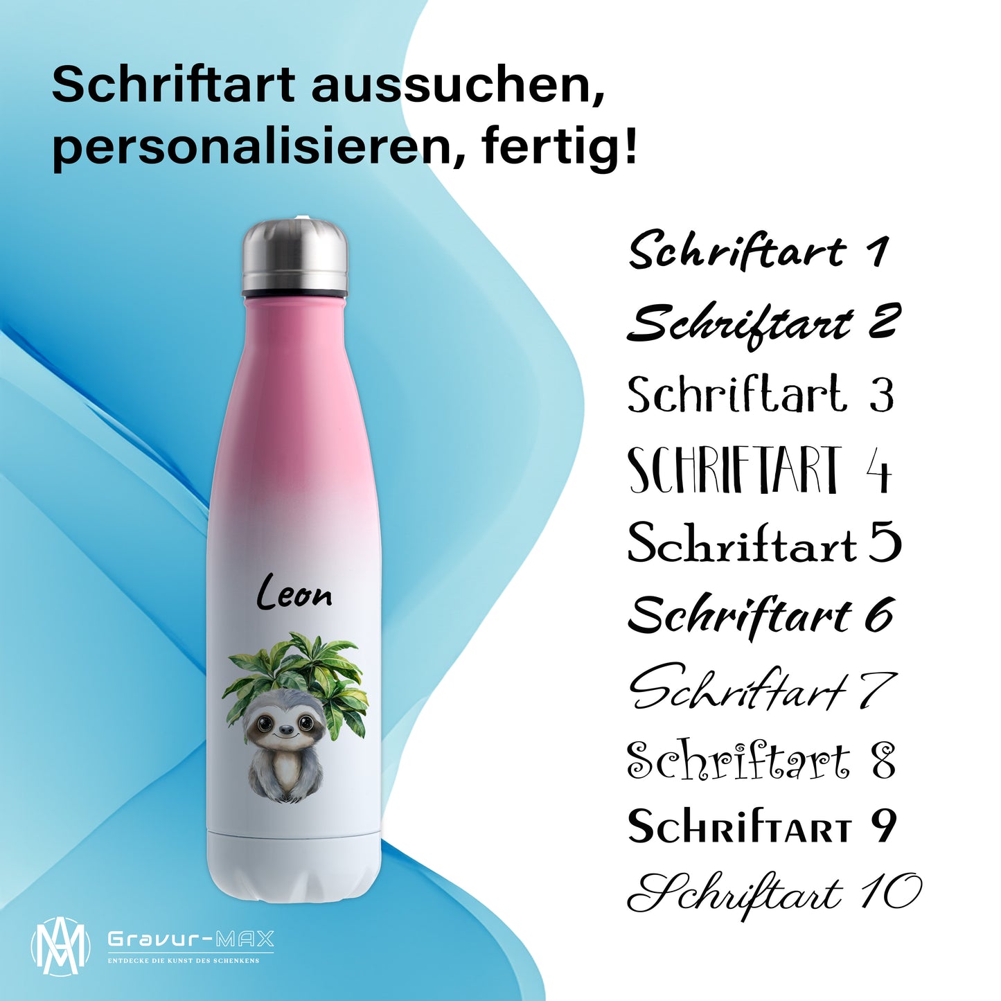 Trinkflasche mit Farbverlauf in Weiß/Pink 500ml aus Edelstahl bedruckt mit Dschungel Tieren"Faultier" personalisierbar für Kinder mit Wunschname