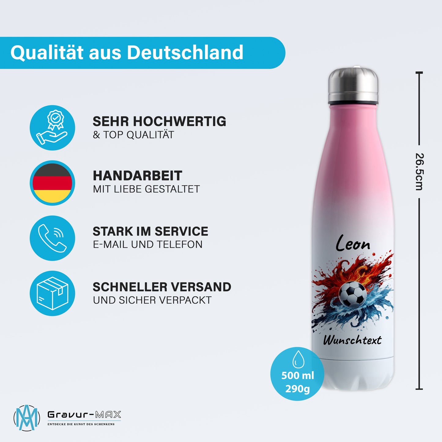 Thermoflasche 500ml in Weiß/Pink aus Edelstahl bedruckt "Fußball" Motiv12 personalisierbar mit Wunschname & Text