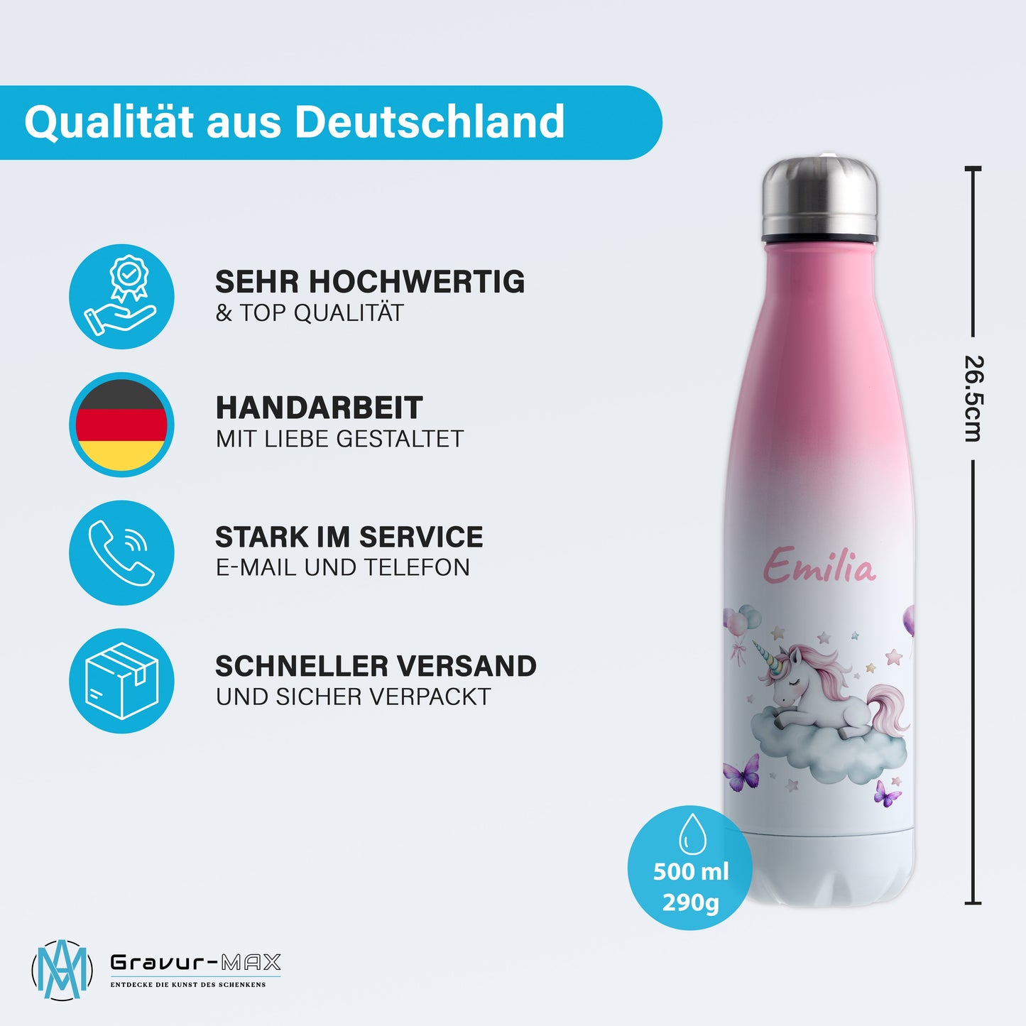 Thermoflasche 500ml in Weiß/Pink bedruckt mit tollen Motiven für Kinder "Einhorn Wolke" personalisierbar mit Wunschname