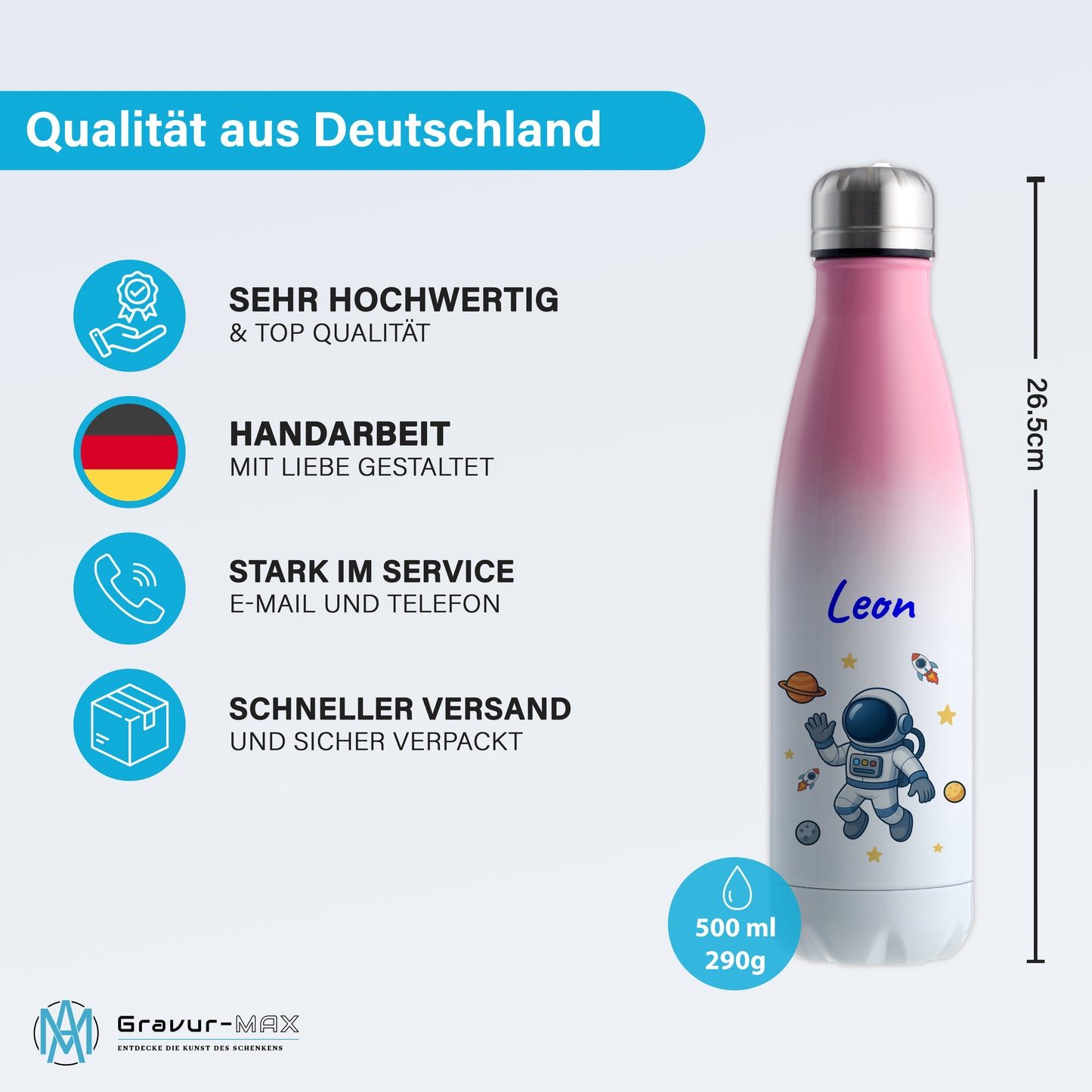 Thermoflasche 500ml in Weiß/Pink bedruckt mit tollen Motiven für Kinder "Astronaut" personalisierbar mit Wunschname