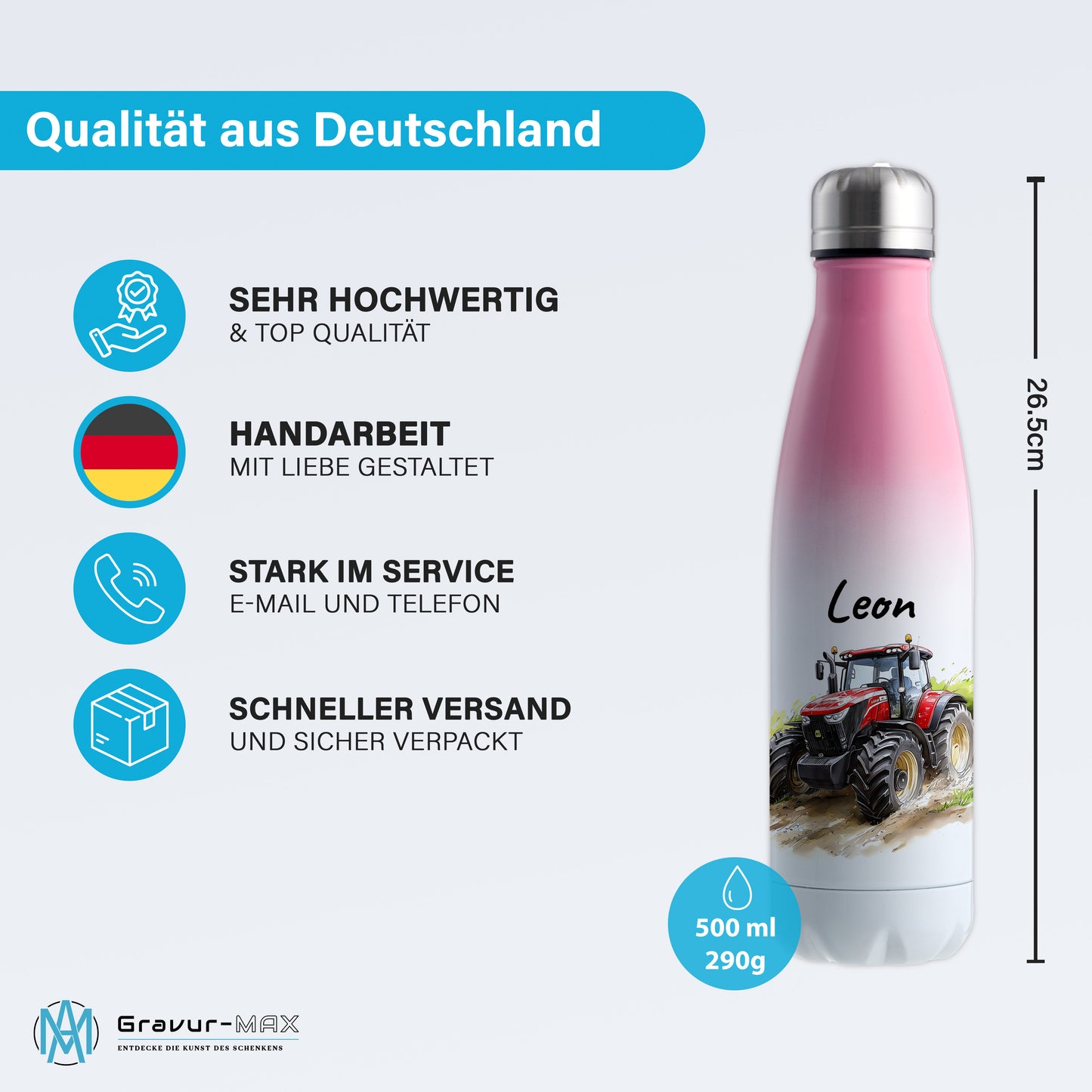 Thermoflasche 500ml in Weiß/Pink bedruckt mit tollen Motiven für Kinder "Traktor" personalisierbar mit Wunschname
