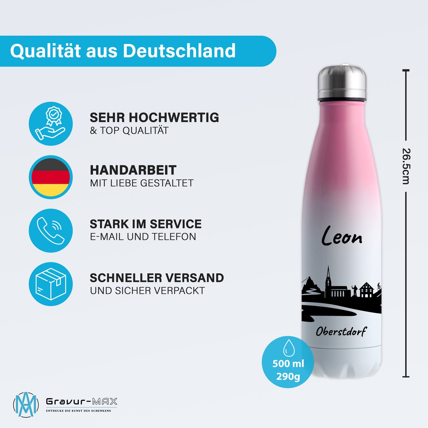 Trinkflasche in Weiß/Pink 500ml aus Edelstahl bedruckt mit der Skyline von Oberstdorf personalisierbar mit Wunschname