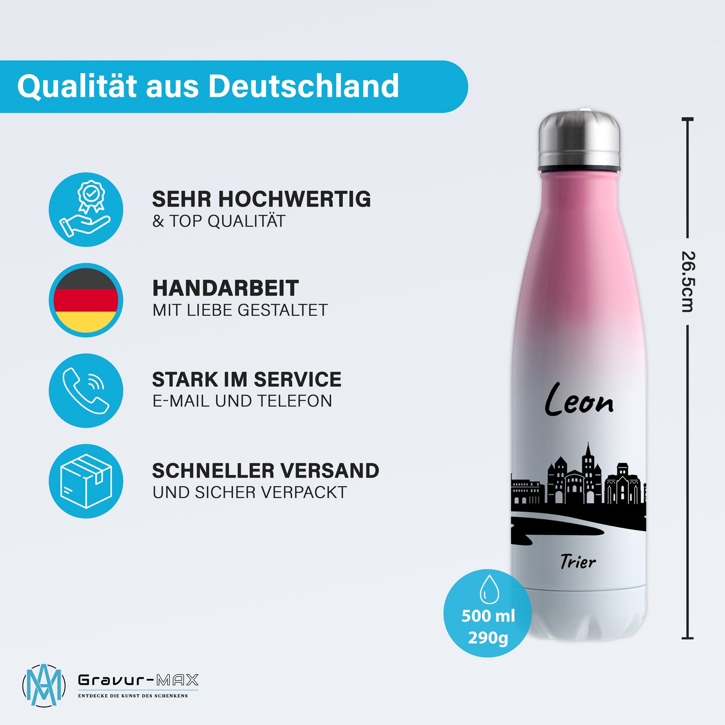 Trinkflasche in Weiß/Pink 500ml aus Edelstahl bedruckt mit der Skyline von Trier personalisierbar mit Wunschname