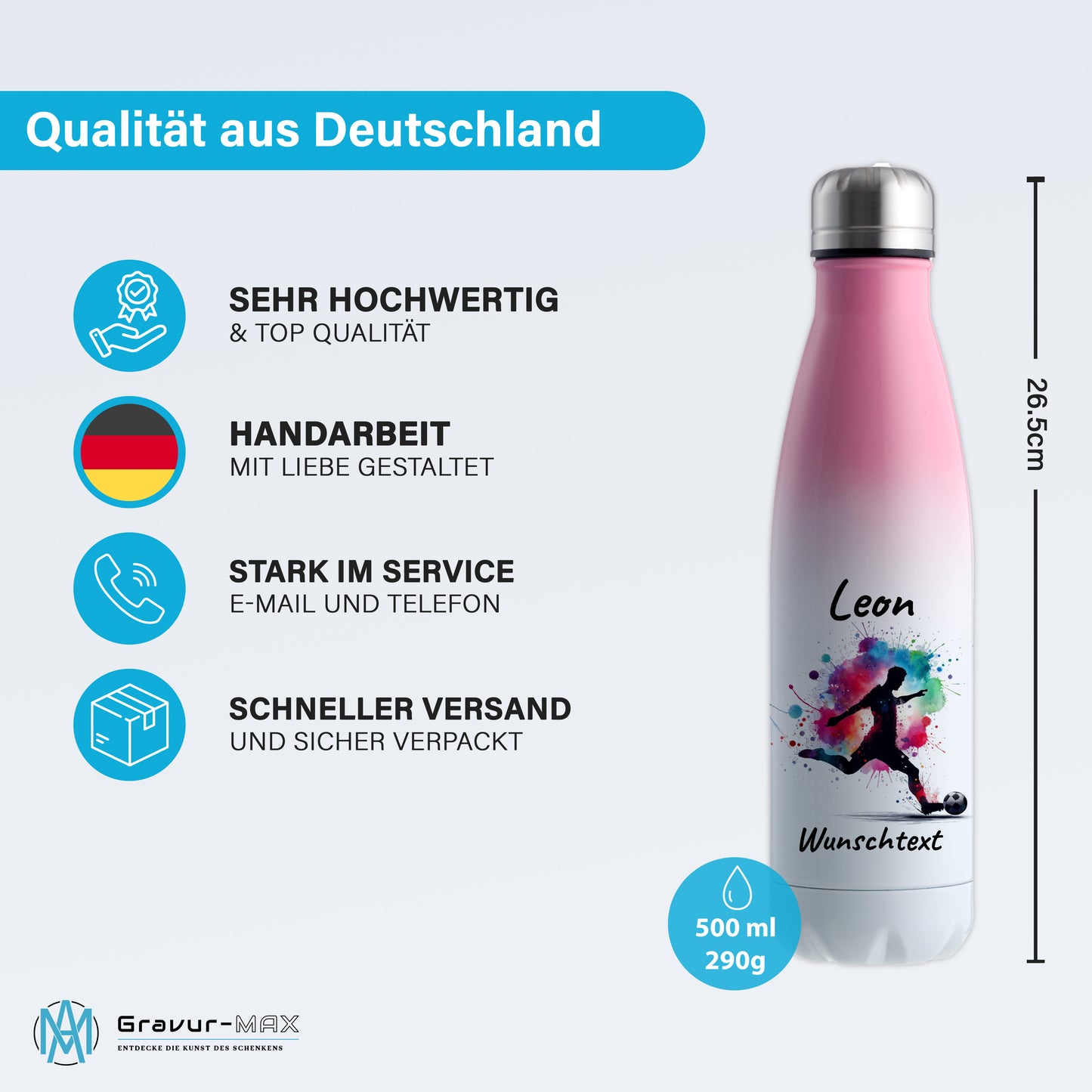 Thermoflasche 500ml in Weiß/Pink aus Edelstahl bedruckt "Fußball" Motiv4 personalisierbar mit Wunschname & Text