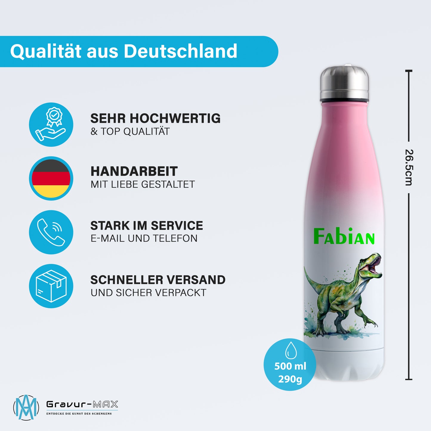 Thermoflasche 500ml in Weiß/Pink bedruckt mit tollen Motiven für Kinder "Dino T-Rex" personalisierbar mit Wunschname