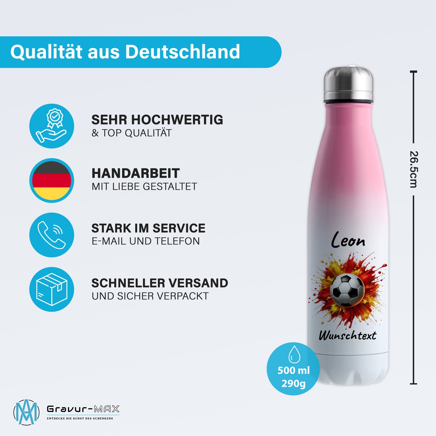 Thermoflasche 500ml in Weiß/Pink aus Edelstahl bedruckt "Fußball" Motiv9 personalisierbar mit Wunschname & Text