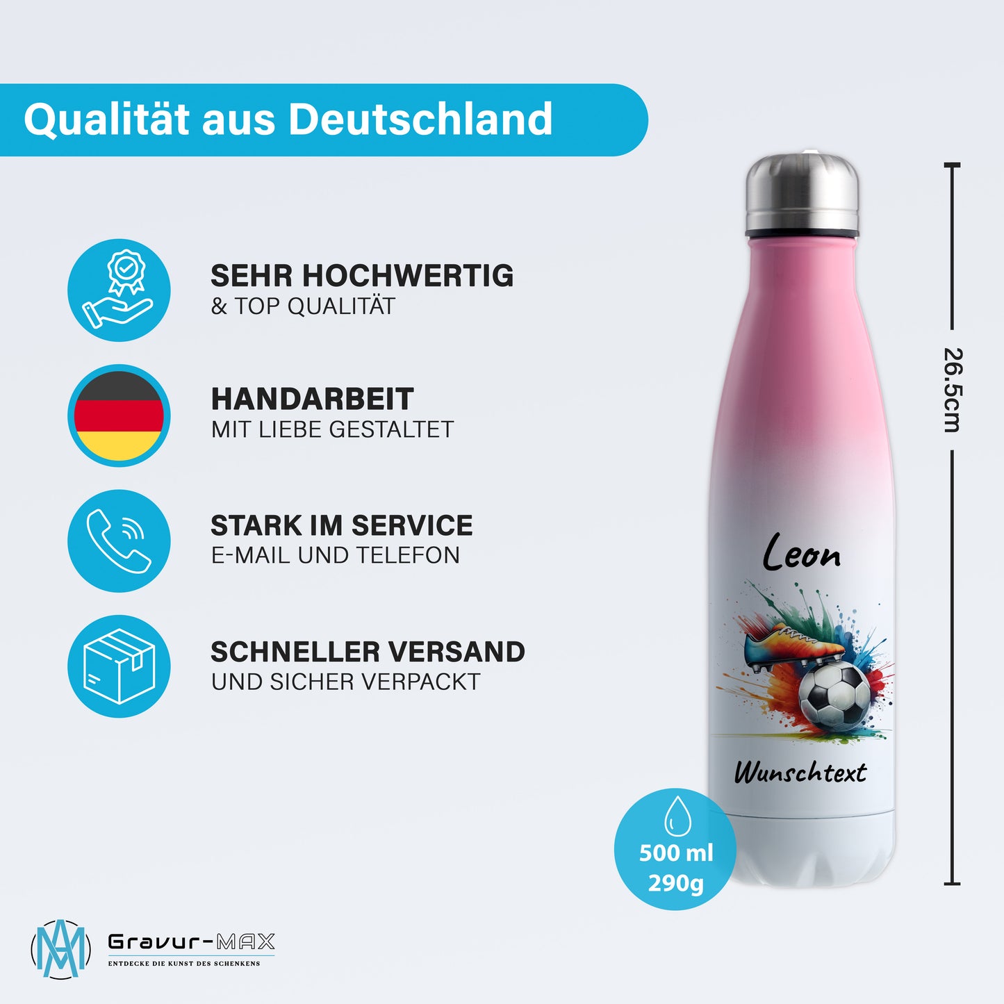 Thermoflasche 500ml in Weiß/Pink aus Edelstahl bedruckt "Fußball" Motiv6 personalisierbar mit Wunschname & Text