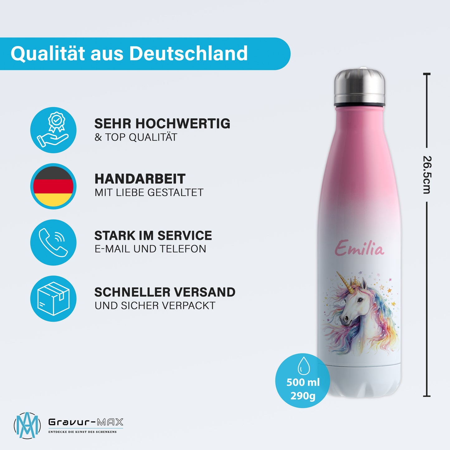Thermoflasche 500ml in Weiß/Pink bedruckt mit tollen Motiven für Kinder "Einhorn" personalisierbar mit Wunschname