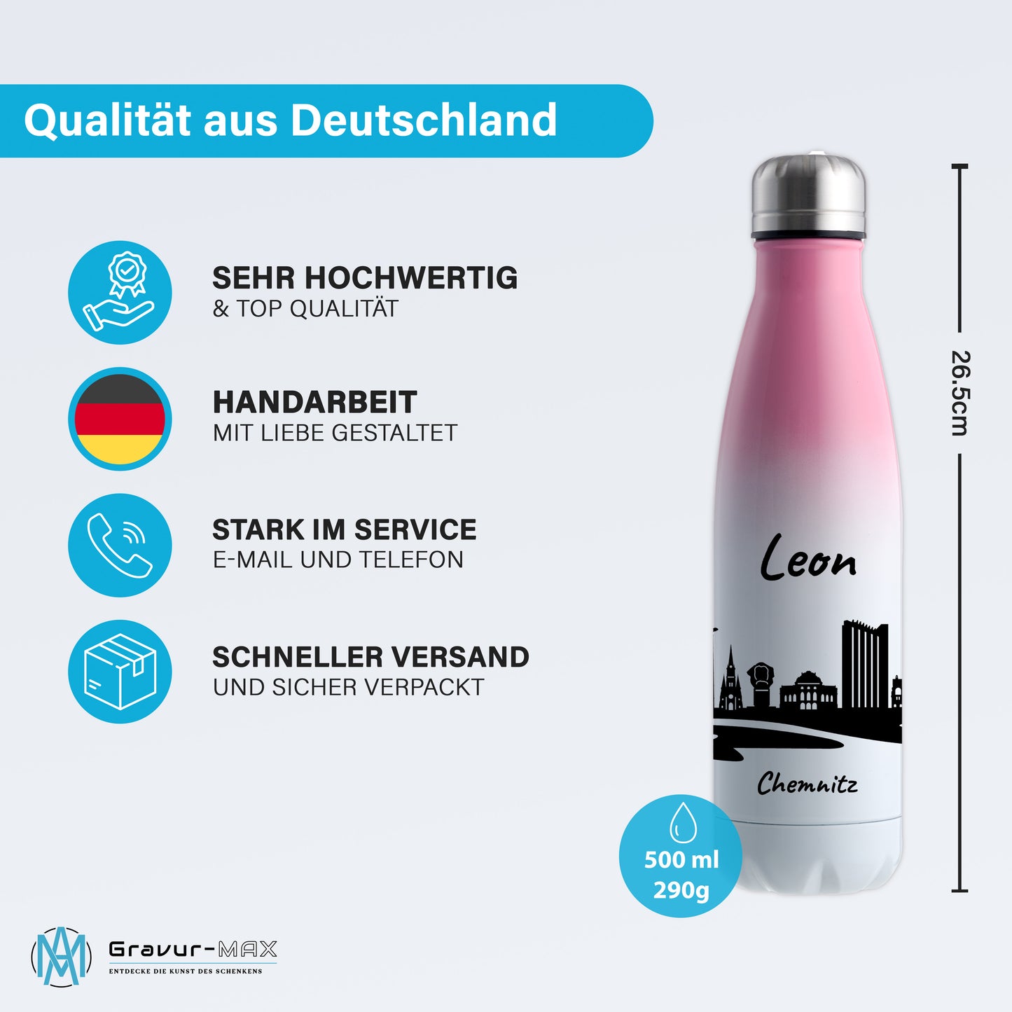 Trinkflasche in Weiß/Pink 500ml aus Edelstahl bedruckt mit der Skyline von Chemnitz personalisierbar mit Wunschname