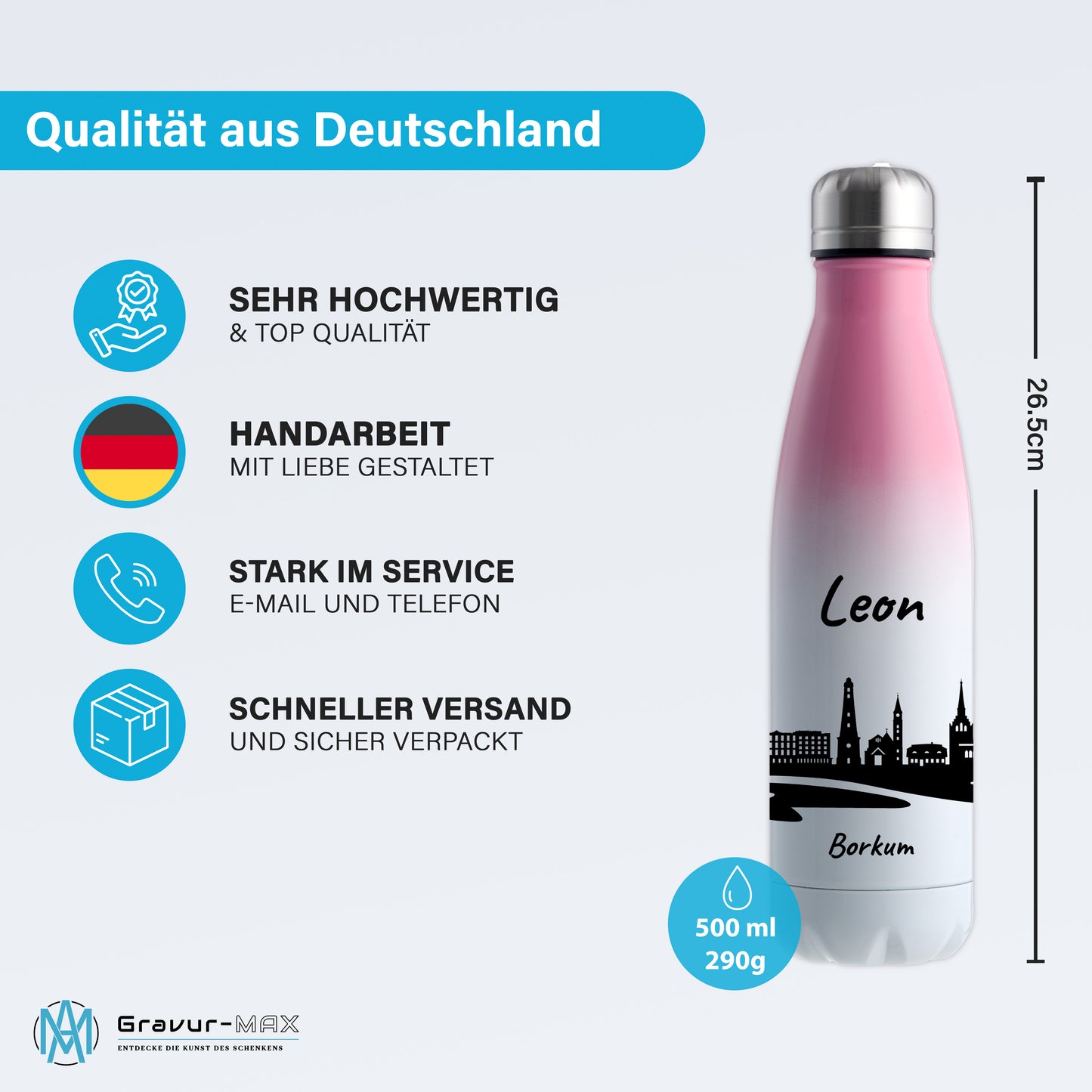 Trinkflasche in Weiß/Pink 500ml aus Edelstahl bedruckt mit der Skyline von Borkum personalisierbar mit Wunschname