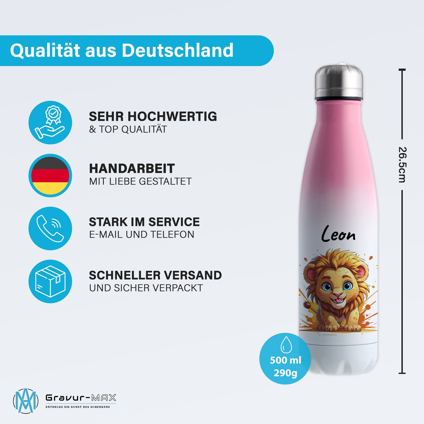Trinkflasche in Weiß/Pink 500ml aus Edelstahl bedruckt mit niedlichen Tieren "Löwe" personalisierbar für Kinder mit Wunschname