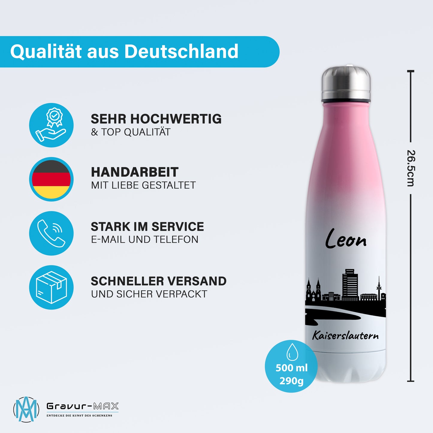 Trinkflasche in Weiß/Pink 500ml aus Edelstahl bedruckt mit der Skyline von Kaiserslautern personalisierbar mit Wunschname