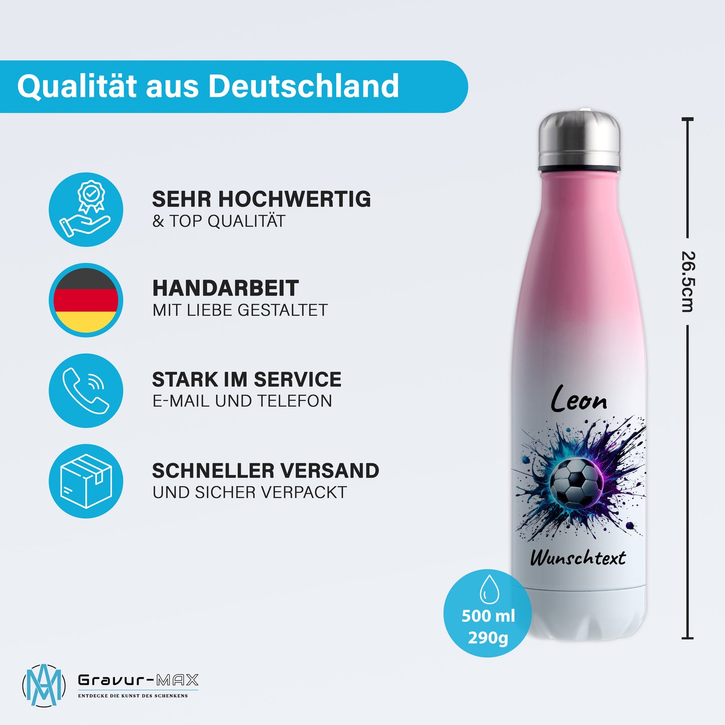 Thermoflasche 500ml in Weiß/Pink aus Edelstahl bedruckt "Fußball" Motiv10 personalisierbar mit Wunschname & Text