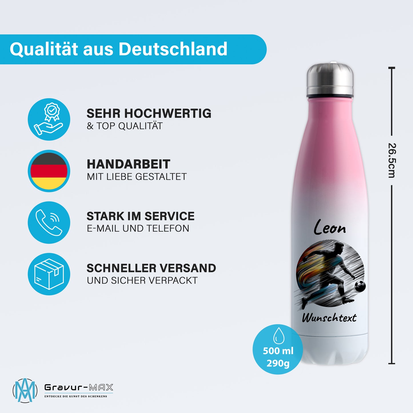 Thermoflasche 500ml in Weiß/Pink aus Edelstahl bedruckt "Fußball" Motiv2 personalisierbar mit Wunschname & Text
