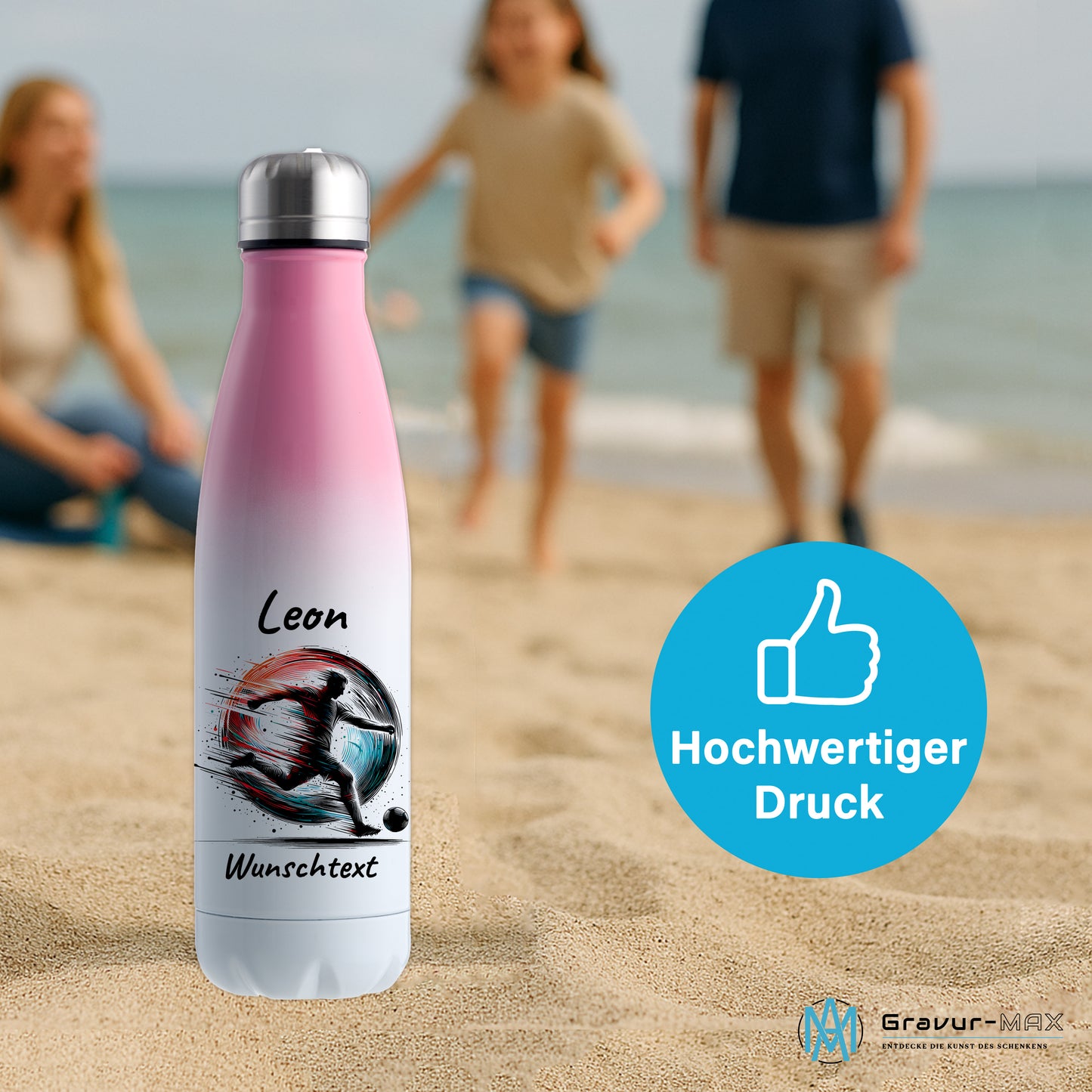 Thermoflasche 500ml in Weiß/Pink aus Edelstahl bedruckt "Fußball" Motiv3 personalisierbar mit Wunschname & Text