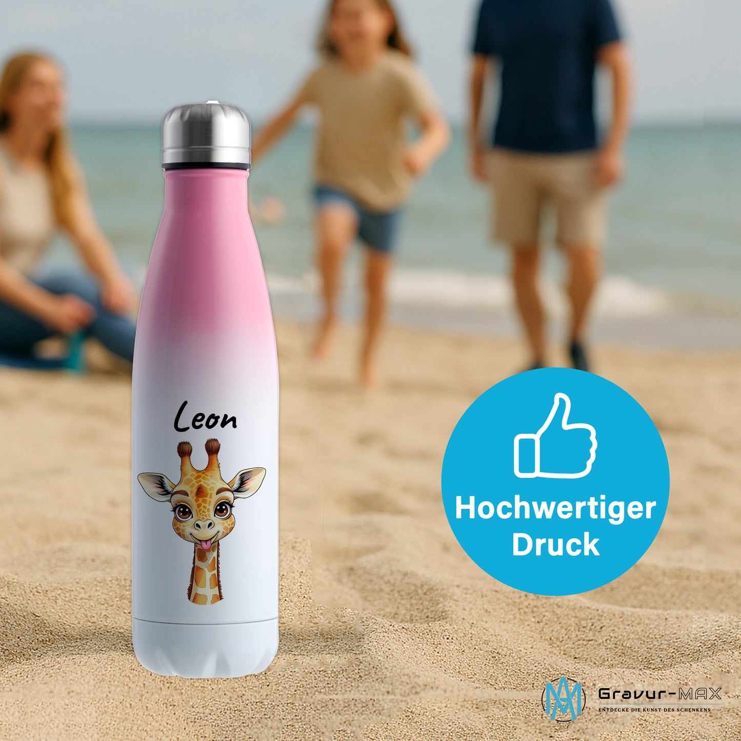 Trinkflasche in Weiß/Pink 500ml aus Edelstahl bedruckt mit niedlichen Tieren "Giraffe" personalisierbar für Kinder mit Wunschname