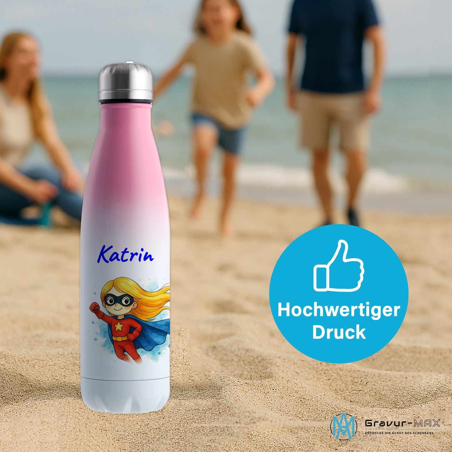Thermoflasche 500ml in Weiß/Pink bedruckt mit tollen Motiven für Kinder "Superheldin" personalisierbar mit Wunschname