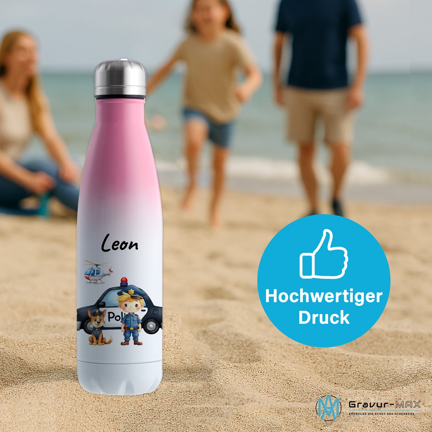 Thermoflasche 500ml in Weiß/Pink bedruckt mit tollen Motiven für Kinder "Polizei" personalisierbar mit Wunschname