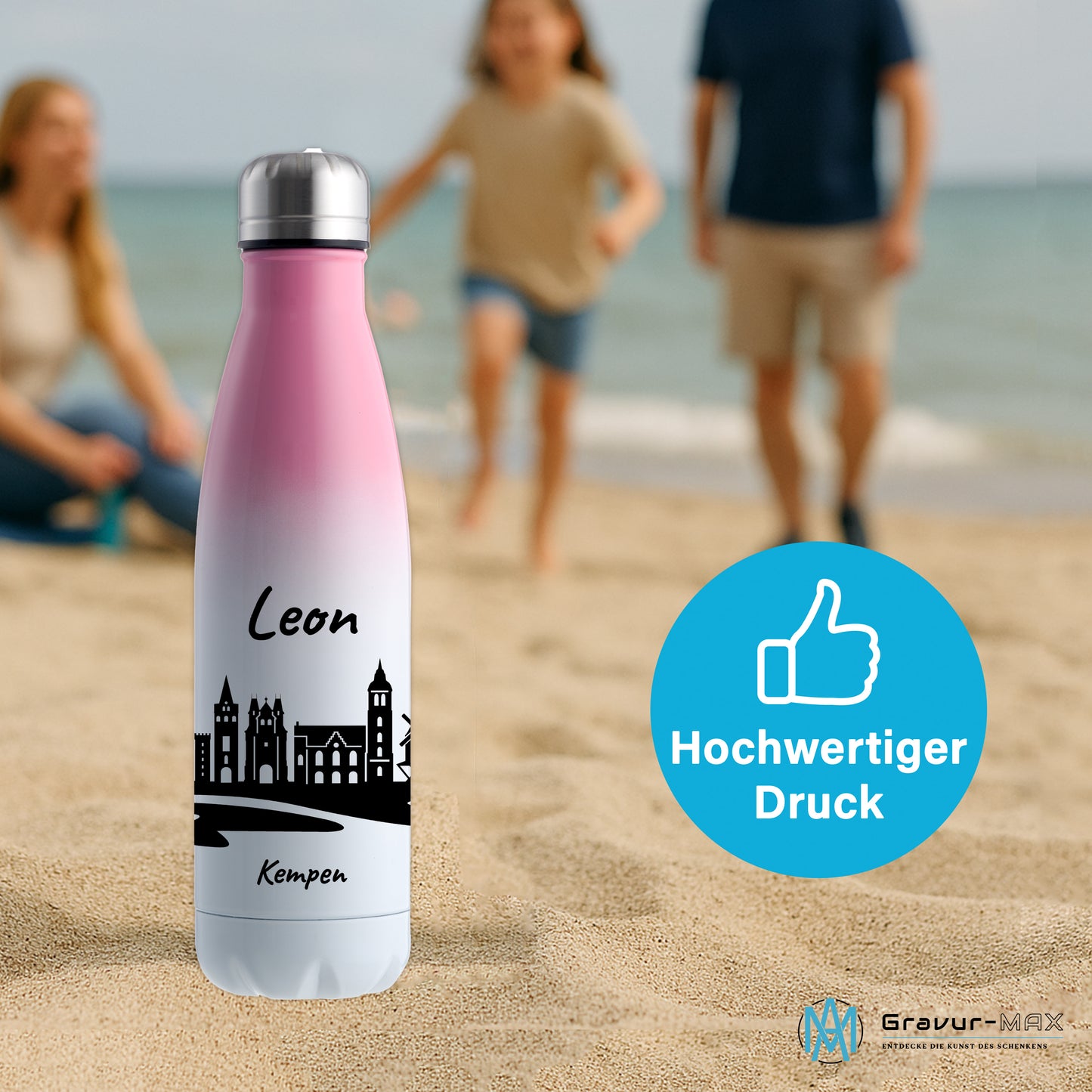Trinkflasche in Weiß/Pink 500ml aus Edelstahl bedruckt mit der Skyline von Kempen personalisierbar mit Wunschname