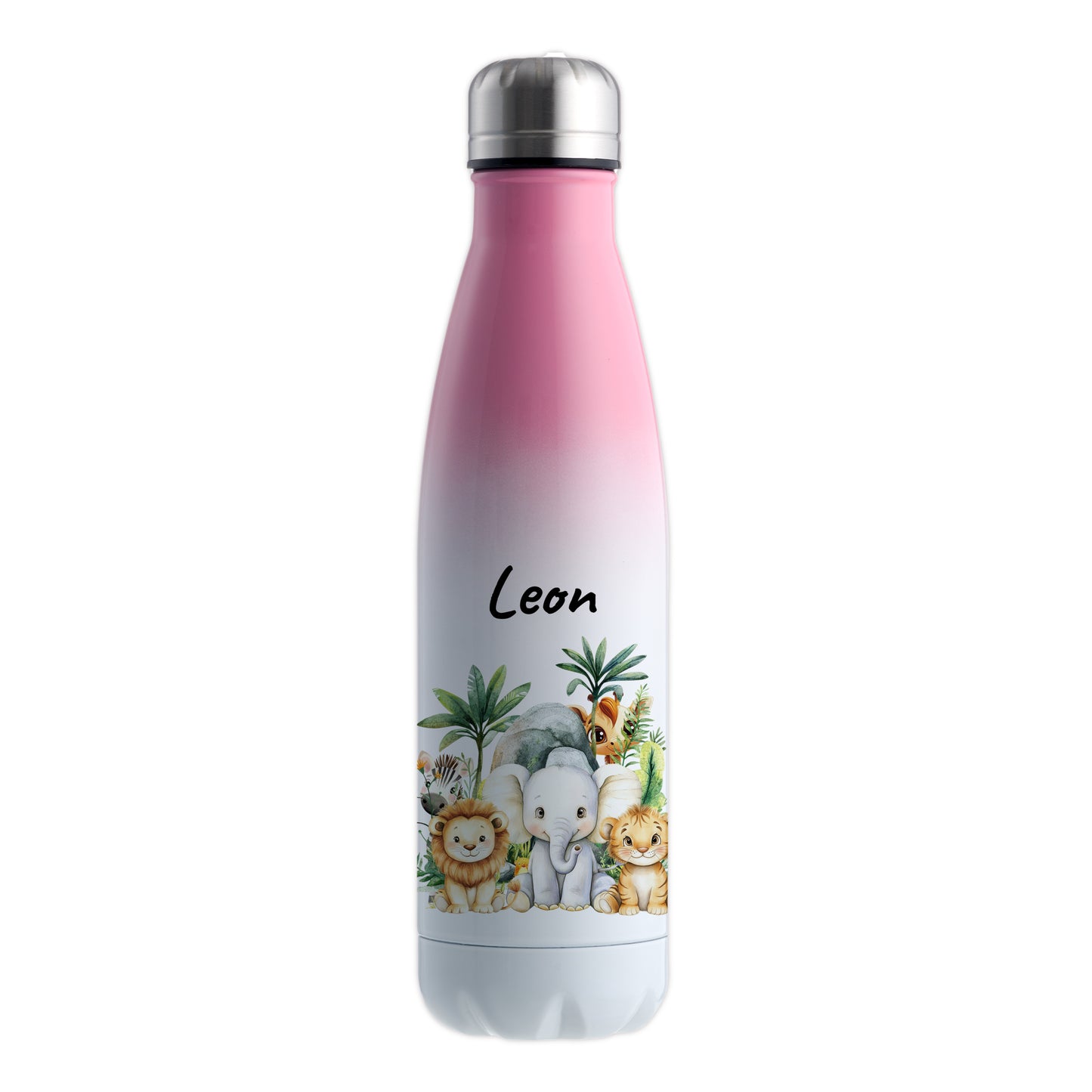 Trinkflasche mit Farbverlauf in Weiß/Pink 500ml aus Edelstahl bedruckt mit Dschungel Tieren"Dschungel Tiere" personalisierbar für Kinder mit Wunschname