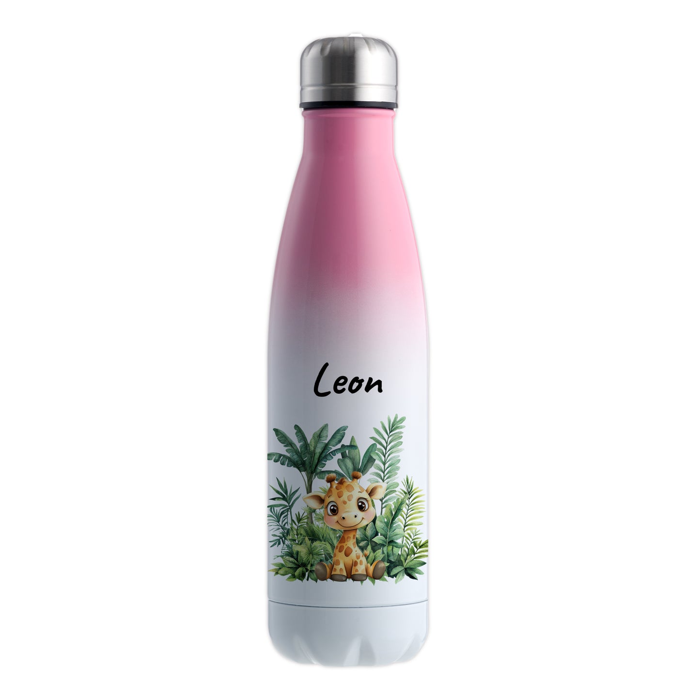 Trinkflasche mit Farbverlauf in Weiß/Pink 500ml aus Edelstahl bedruckt mit Dschungel Tieren"Giraffe" personalisierbar für Kinder mit Wunschname
