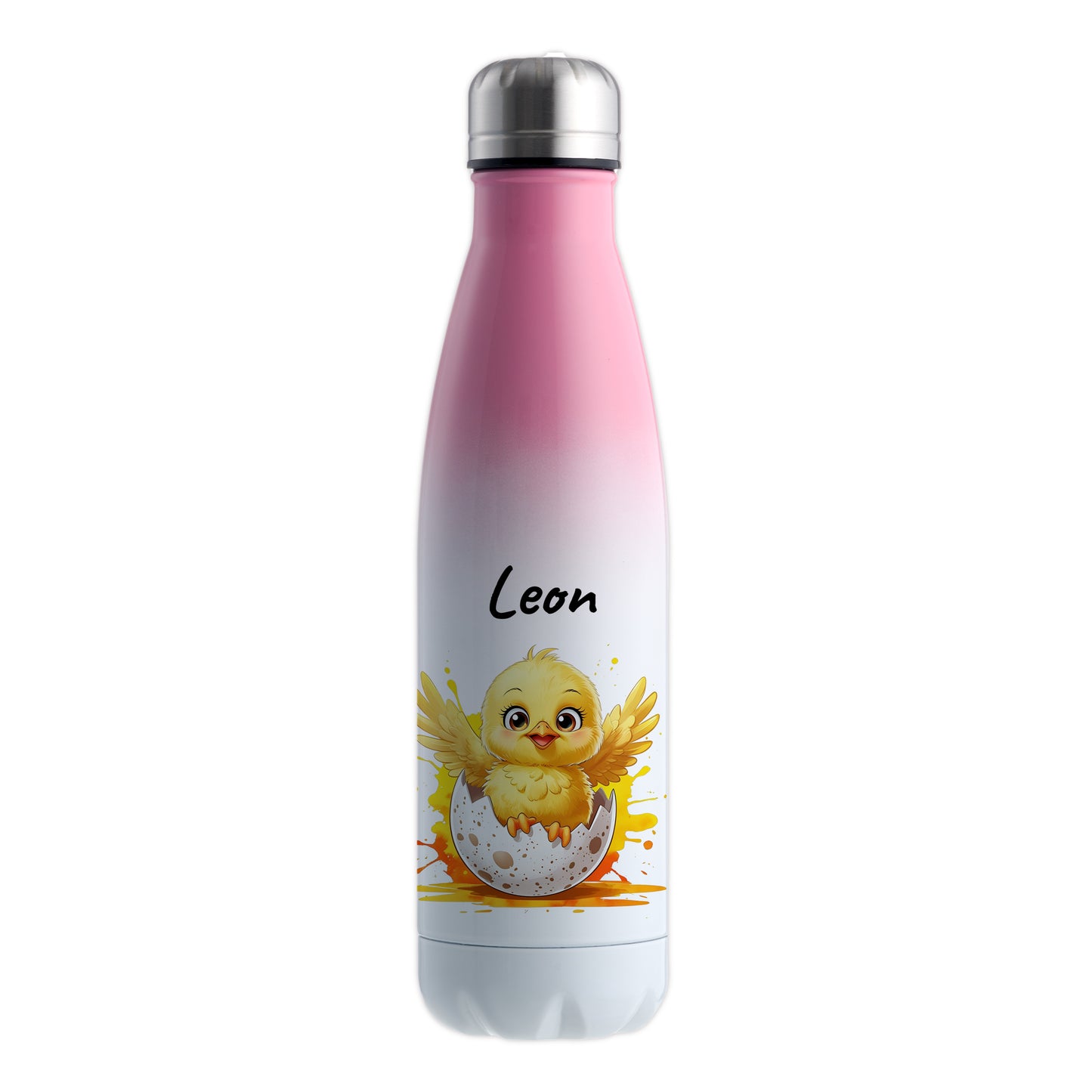 Trinkflasche in Weiß/Pink 500ml aus Edelstahl bedruckt mit niedlichen Tieren "Küken" personalisierbar für Kinder mit Wunschname