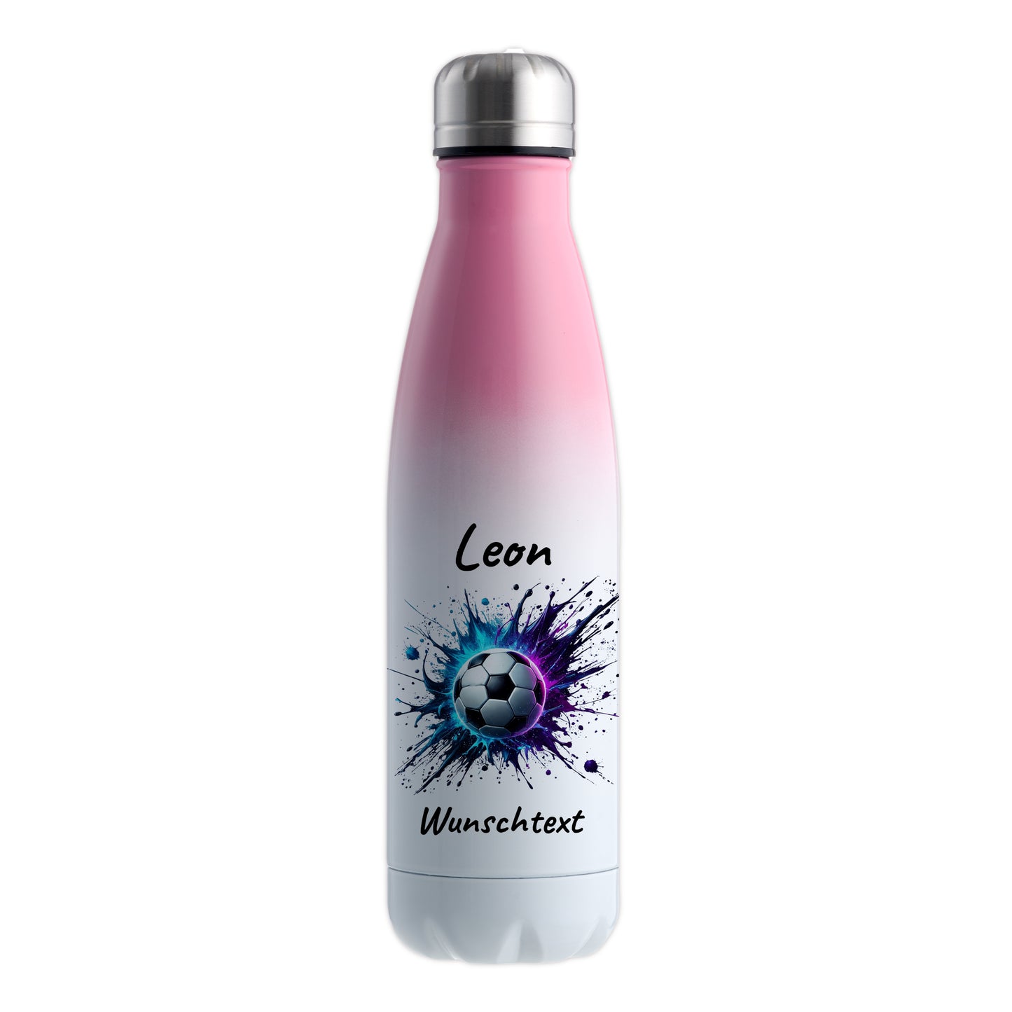 Thermoflasche 500ml in Weiß/Pink aus Edelstahl bedruckt "Fußball" Motiv10 personalisierbar mit Wunschname & Text