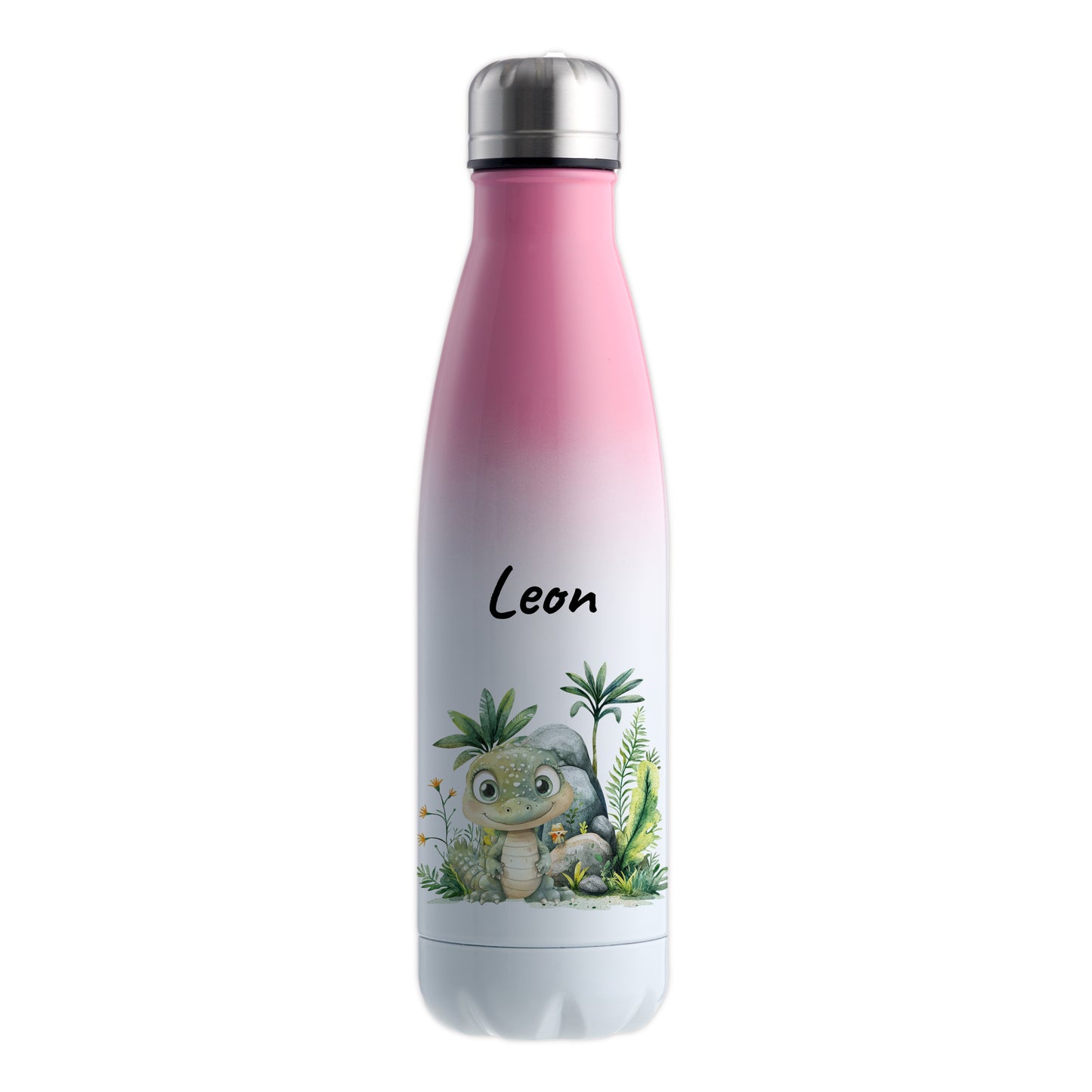 Trinkflasche mit Farbverlauf in Weiß/Pink 500ml aus Edelstahl bedruckt mit Dschungel Tieren"Krokodil" personalisierbar für Kinder mit Wunschname