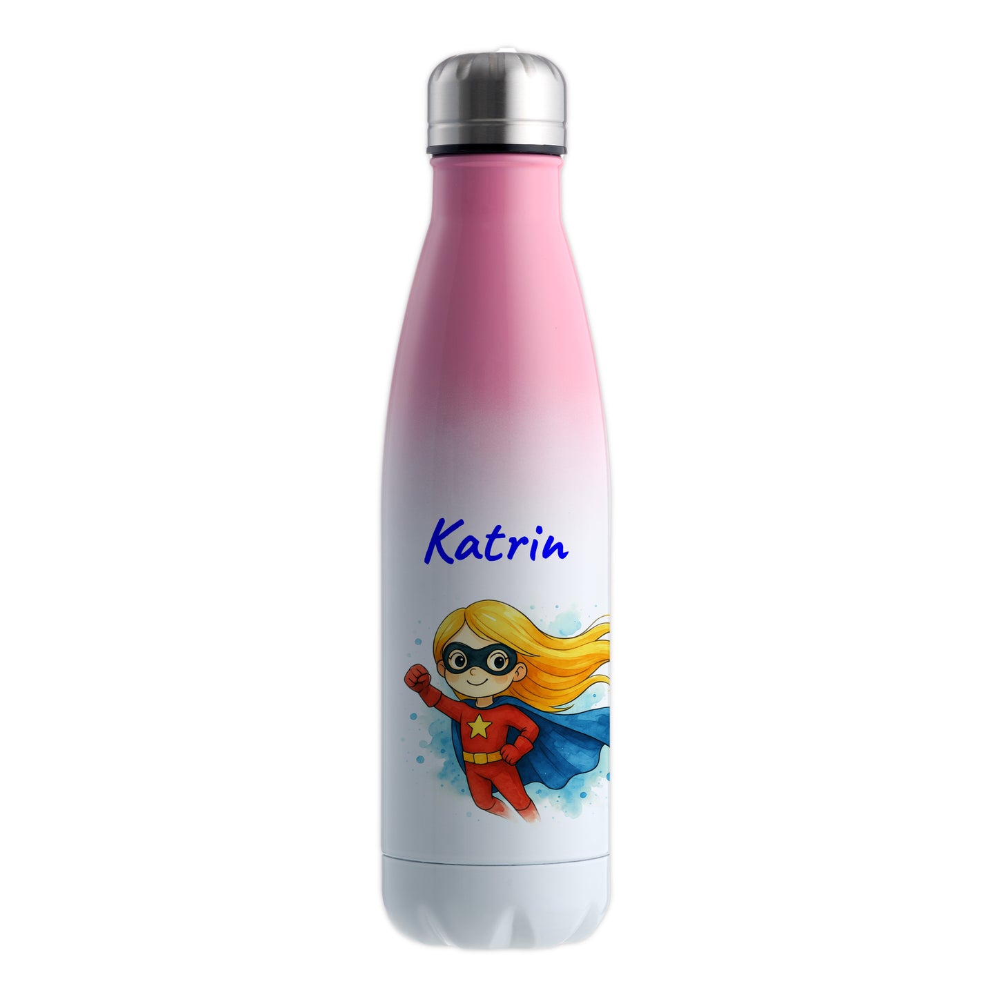 Thermoflasche 500ml in Weiß/Pink bedruckt mit tollen Motiven für Kinder "Superheldin" personalisierbar mit Wunschname