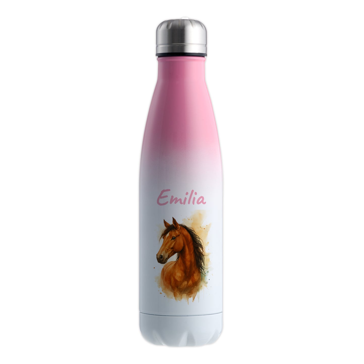 Thermoflasche 500ml in Weiß/Pink bedruckt mit tollen Motiven für Kinder "Pferd" personalisierbar mit Wunschname