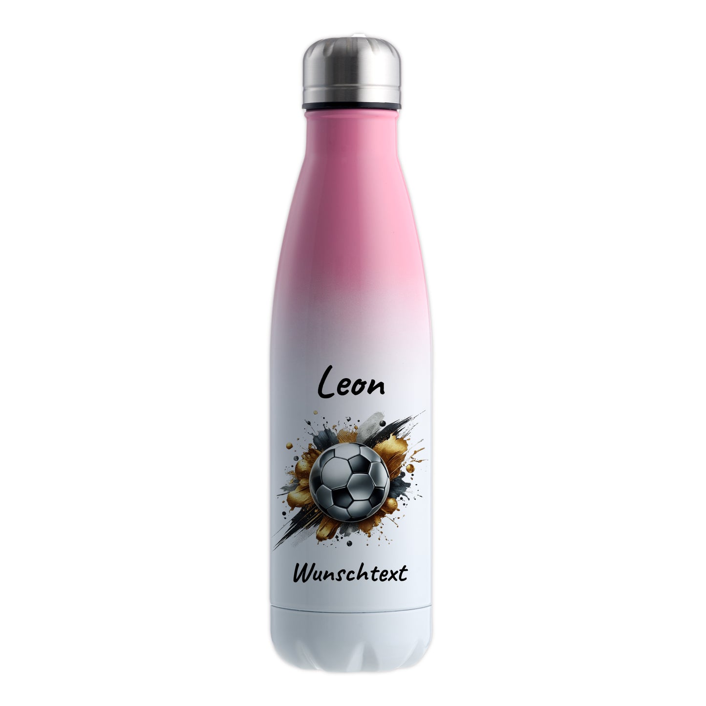 Thermoflasche 500ml in Weiß/Pink aus Edelstahl bedruckt "Fußball" Motiv13 personalisierbar mit Wunschname & Text