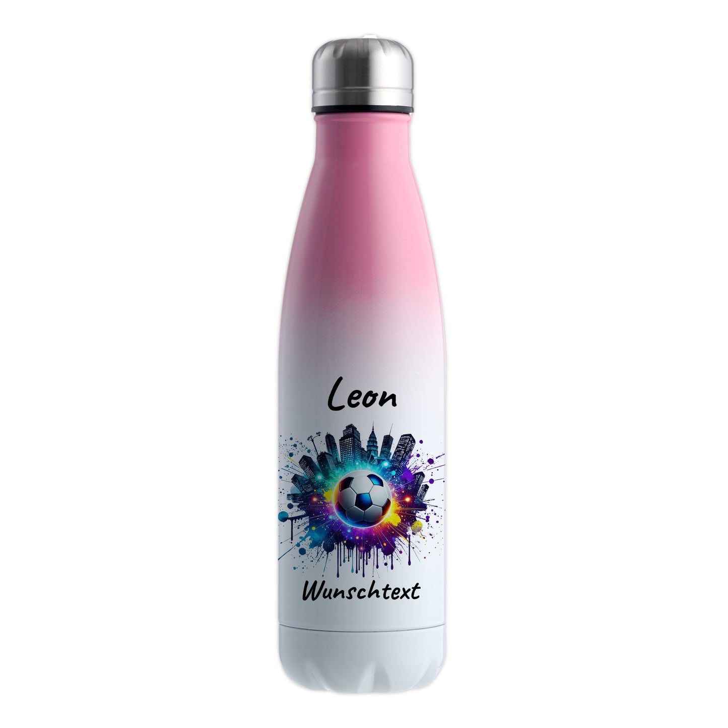 Thermoflasche 500ml in Weiß/Pink aus Edelstahl bedruckt "Fußball" Motiv7 personalisierbar mit Wunschname & Text