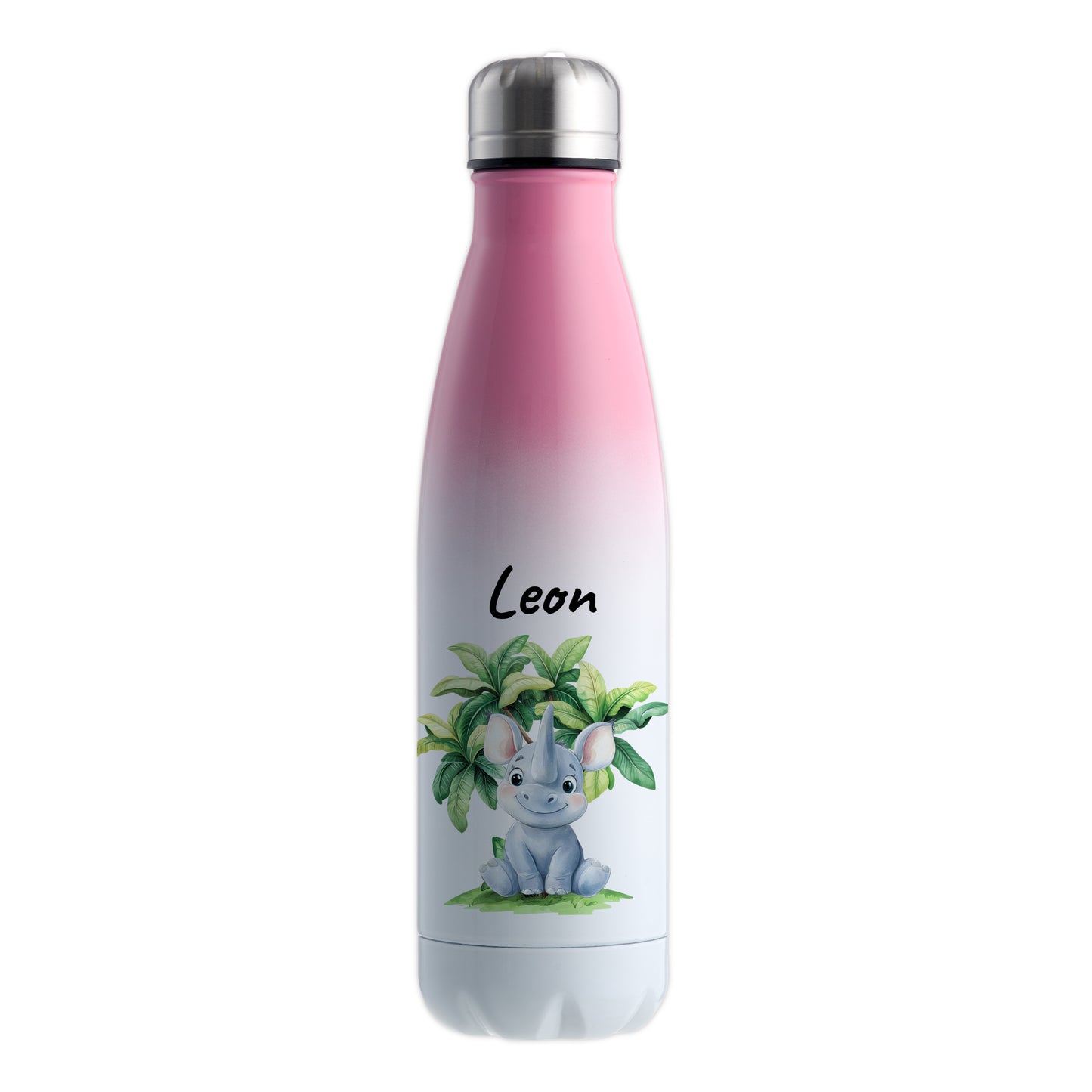Trinkflasche mit Farbverlauf in Weiß/Pink 500ml aus Edelstahl bedruckt mit Dschungel Tieren"Nashorn" personalisierbar für Kinder mit Wunschname