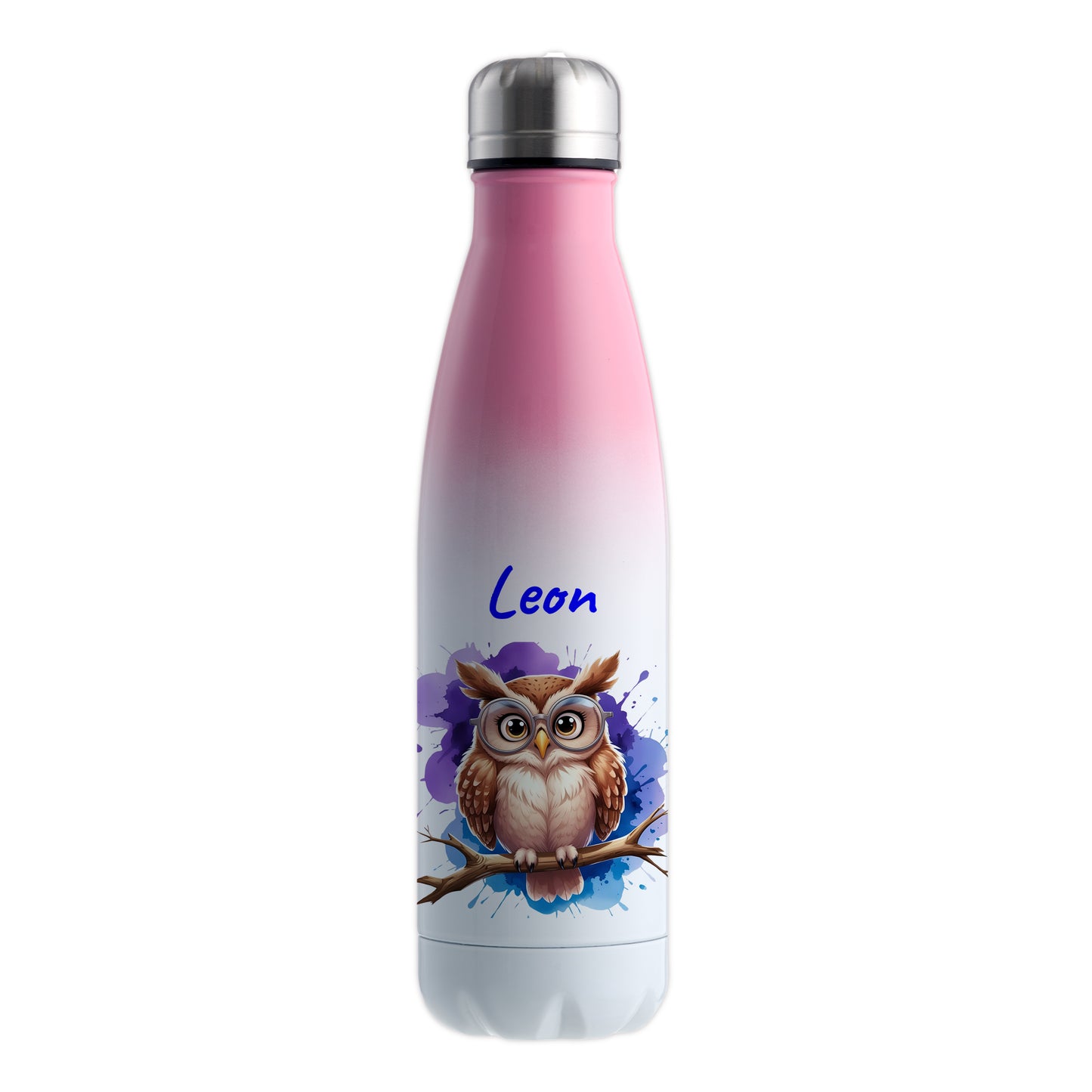 Trinkflasche in Weiß/Pink 500ml aus Edelstahl bedruckt mit niedlichen Tieren "Eule" personalisierbar für Kinder mit Wunschname