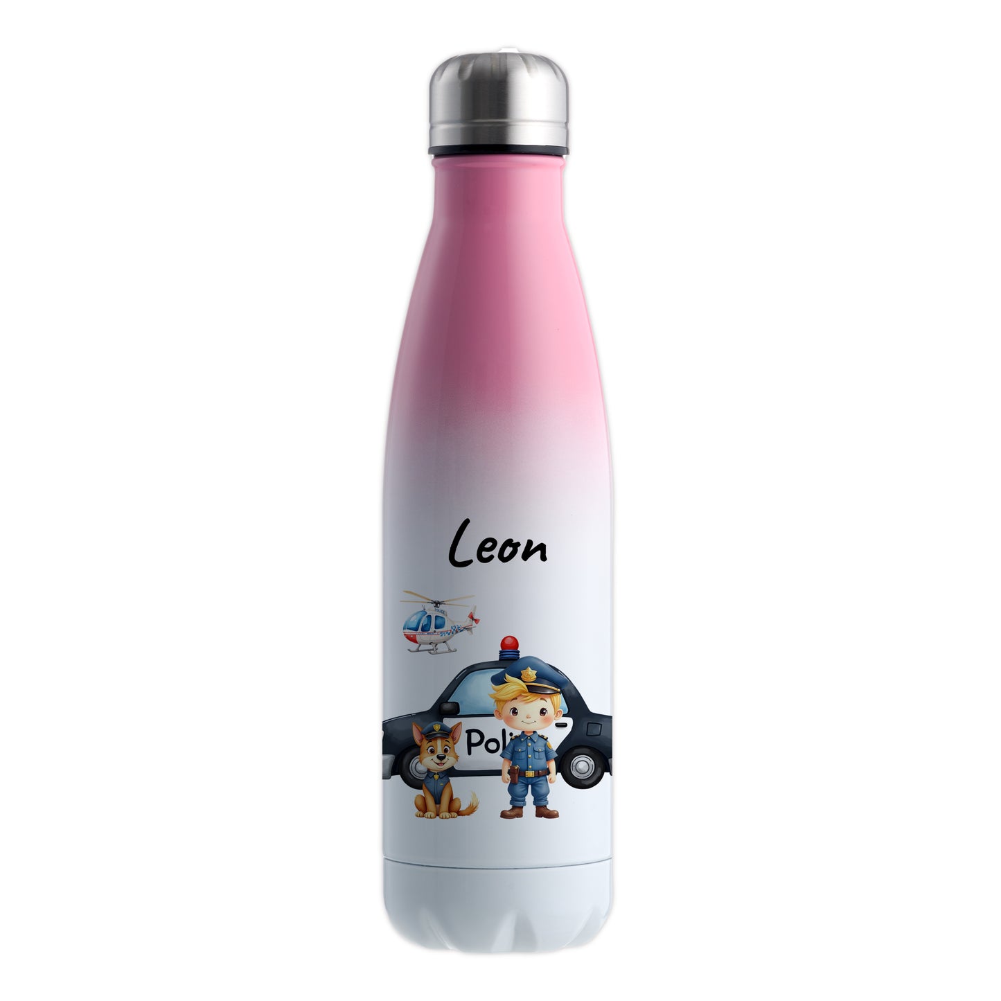 Thermoflasche 500ml in Weiß/Pink bedruckt mit tollen Motiven für Kinder "Polizei" personalisierbar mit Wunschname