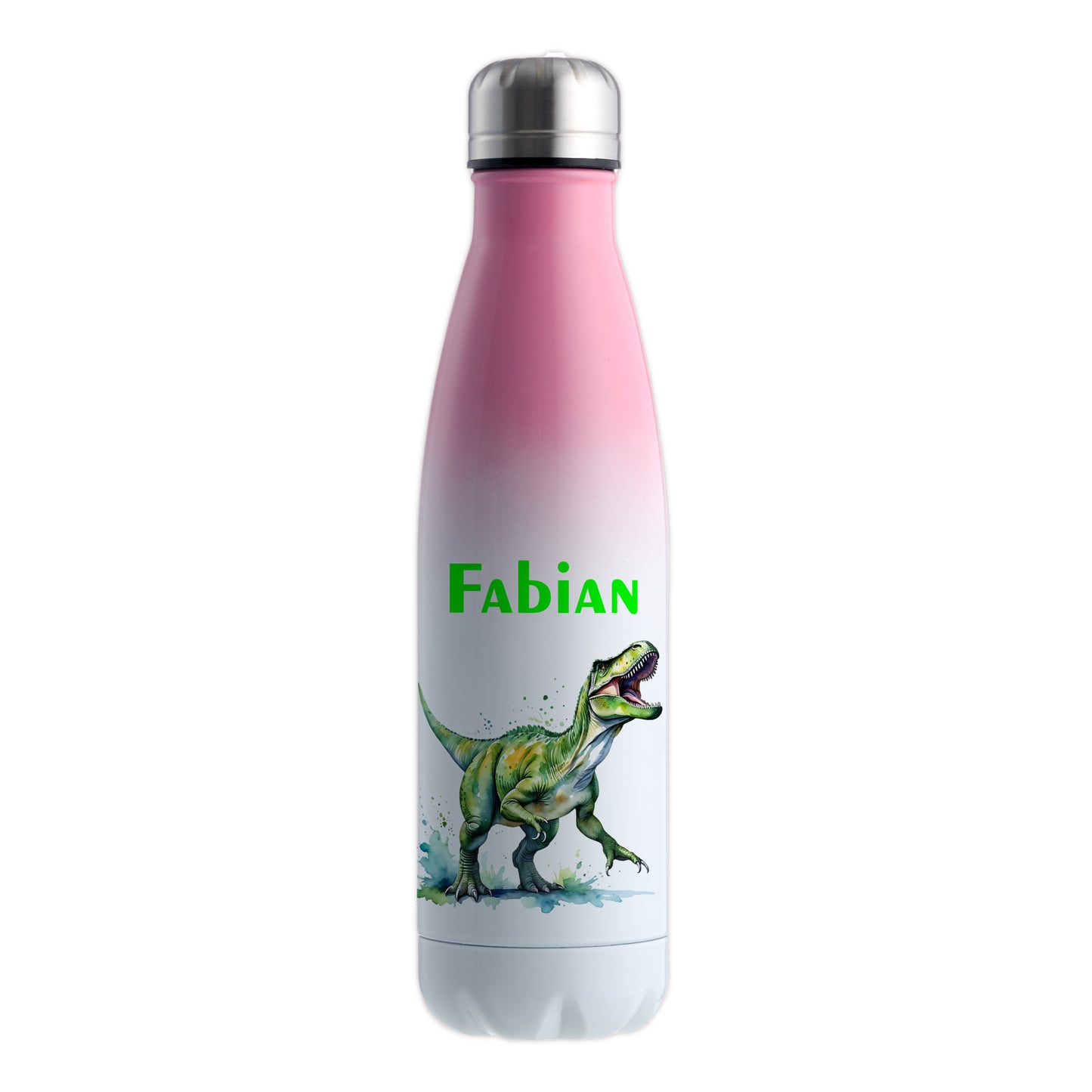 Thermoflasche 500ml in Weiß/Pink bedruckt mit tollen Motiven für Kinder "Dino T-Rex" personalisierbar mit Wunschname
