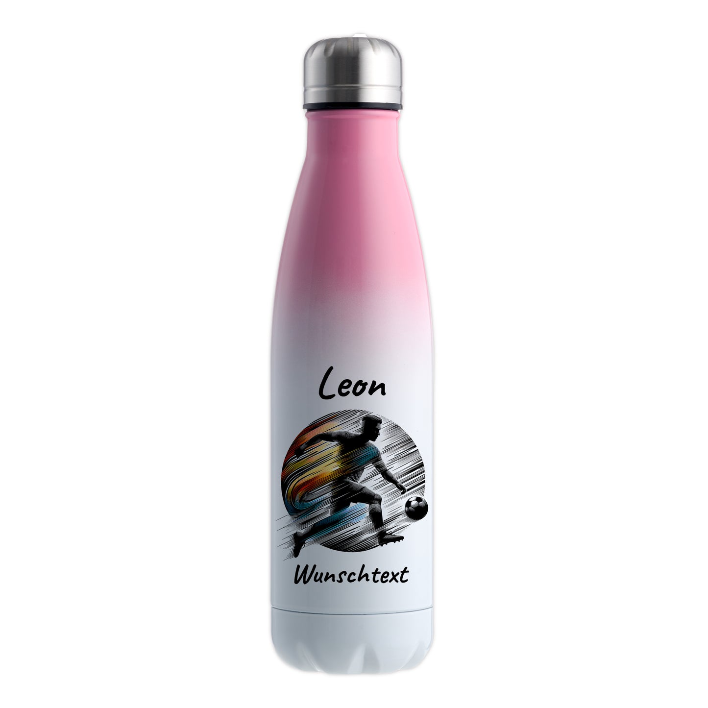 Thermoflasche 500ml in Weiß/Pink aus Edelstahl bedruckt "Fußball" Motiv2 personalisierbar mit Wunschname & Text