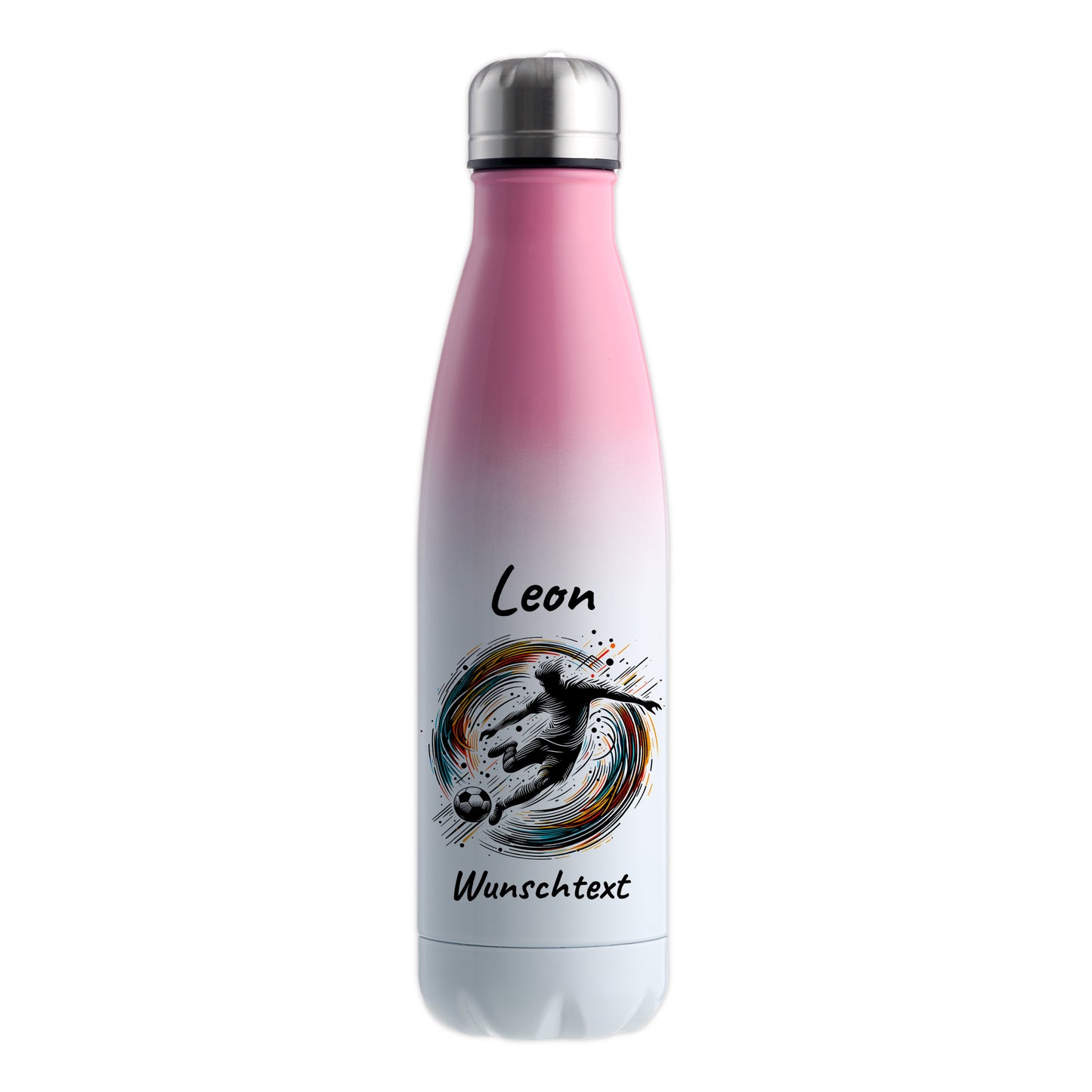 Thermoflasche 500ml in Weiß/Pink aus Edelstahl bedruckt "Fußball" Motiv1 personalisierbar mit Wunschname & Text