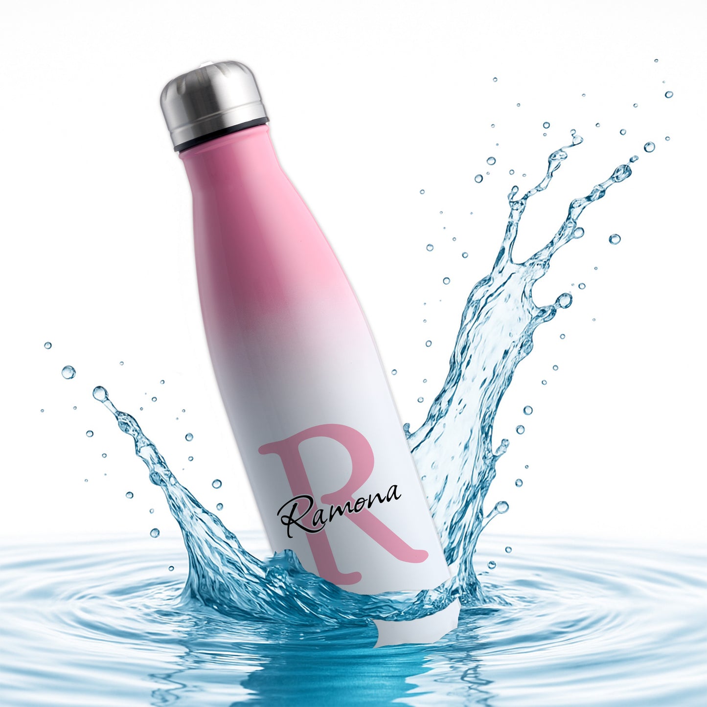 Thermoflasche 500ml aus Edelstahl in Weiß/Pink personalisierbar mit Wunschname auslaufsichere Trinkflasche
