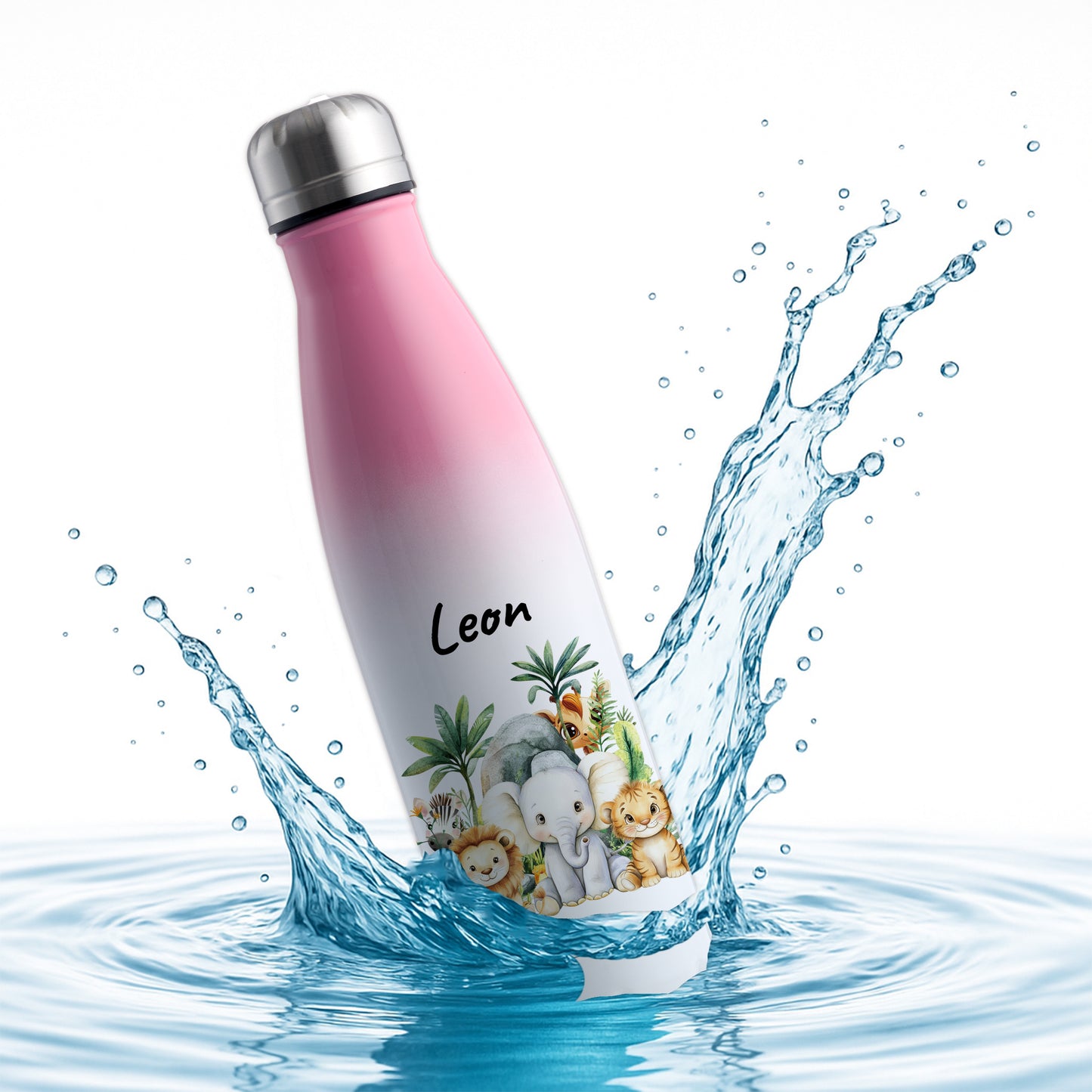 Trinkflasche mit Farbverlauf in Weiß/Pink 500ml aus Edelstahl bedruckt mit Dschungel Tieren"Dschungel Tiere" personalisierbar für Kinder mit Wunschname