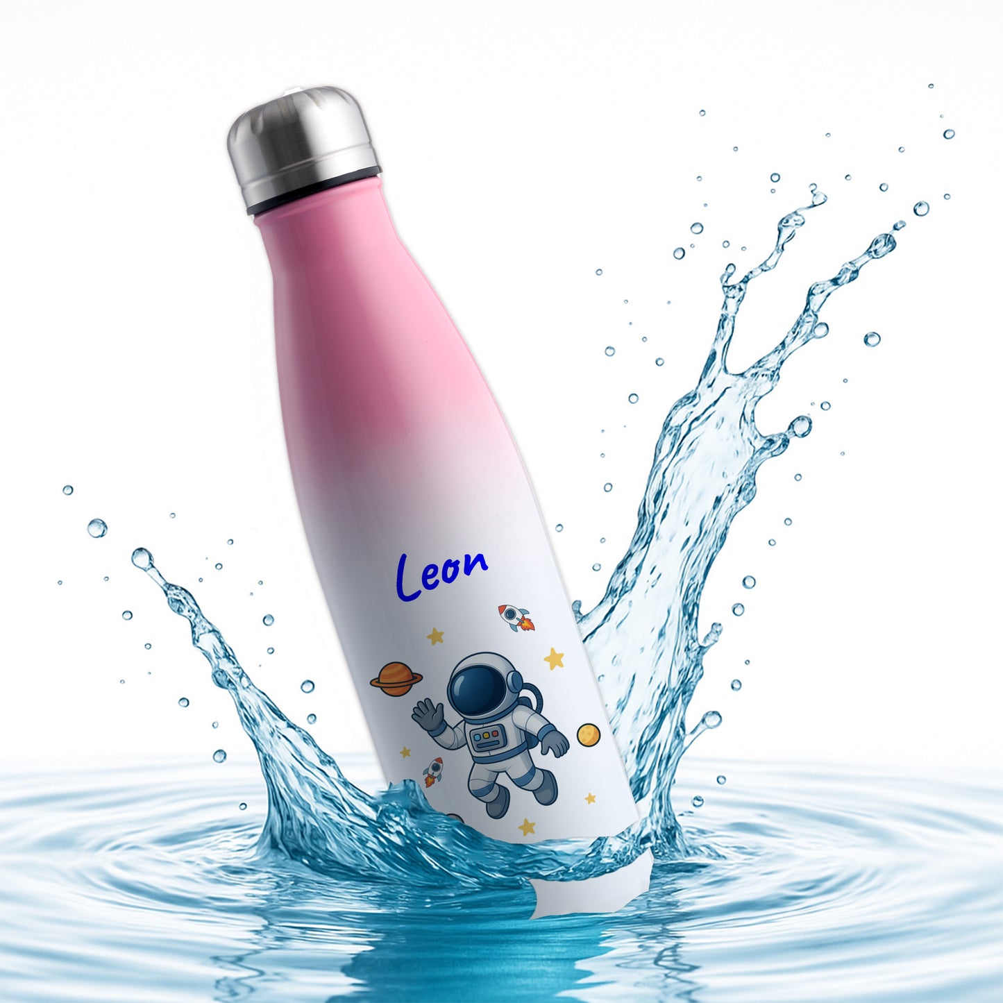 Thermoflasche 500ml in Weiß/Pink bedruckt mit tollen Motiven für Kinder "Astronaut" personalisierbar mit Wunschname