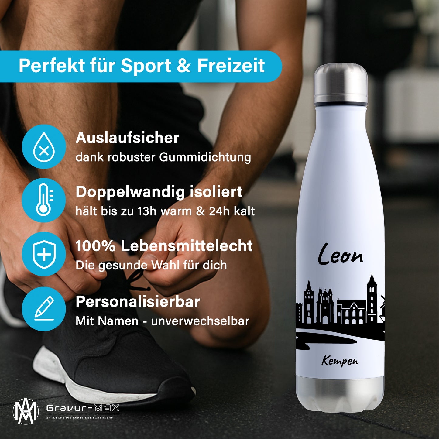 Trinkflasche in Weiß/Silber 500ml aus Edelstahl bedruckt mit der Skyline von Kempen personalisierbar mit Wunschname