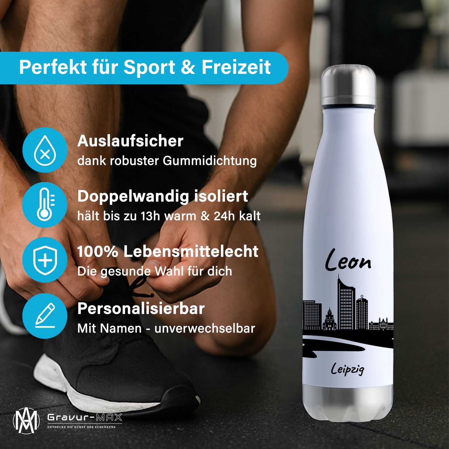Trinkflasche in Weiß/Silber 500ml aus Edelstahl bedruckt mit der Skyline von Leipzig personalisierbar mit Wunschname