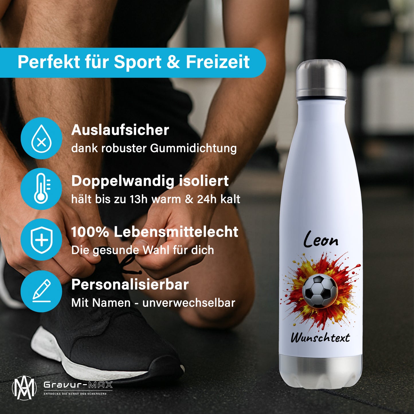 Thermoflasche 500ml in Weiß/Silber aus Edelstahl bedruckt "Fußball" Motiv9 personalisierbar mit Wunschname & Text