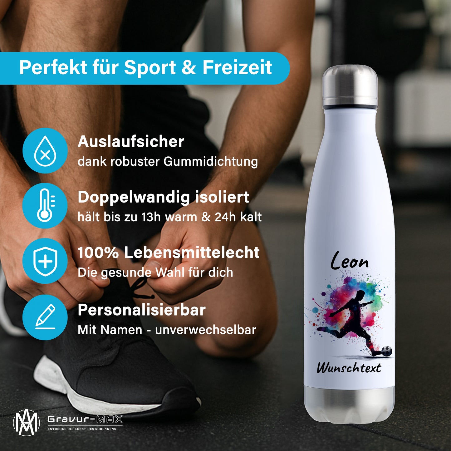 Thermoflasche 500ml in Weiß/Silber aus Edelstahl bedruckt "Fußball" Motiv4 personalisierbar mit Wunschname & Text